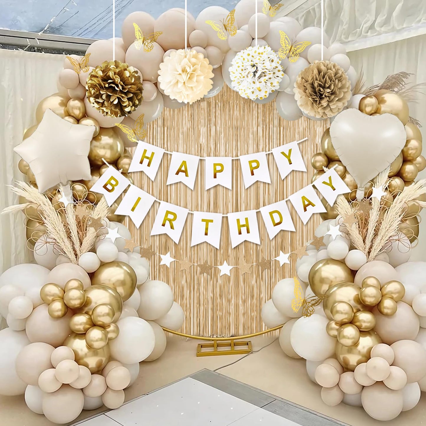 Birthday Decorations for Women, Golden Birthday Party Decorations, White Sand Beige Gold Balloons Tablecloth Birthday Sash Crown Fringe Curtain Butterfly Decor Gold Party Decor for Women Girls Bday