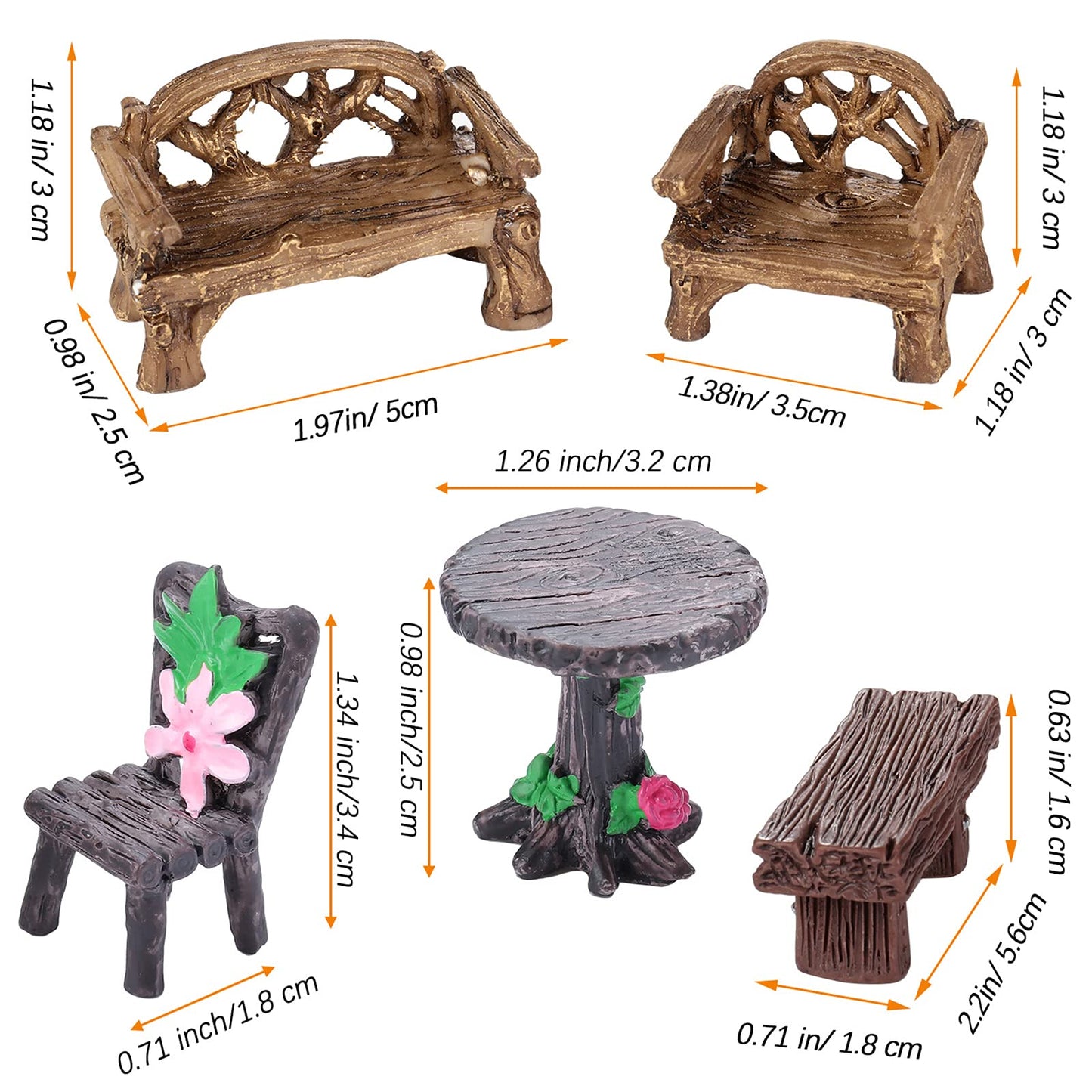 Skylety 12 Pieces Garden Furniture Ornaments Miniature Table and Chairs Set Village Micro Resin Bench Chair for Dollhouse Accessories Home Micro Landscape (Cute Style)