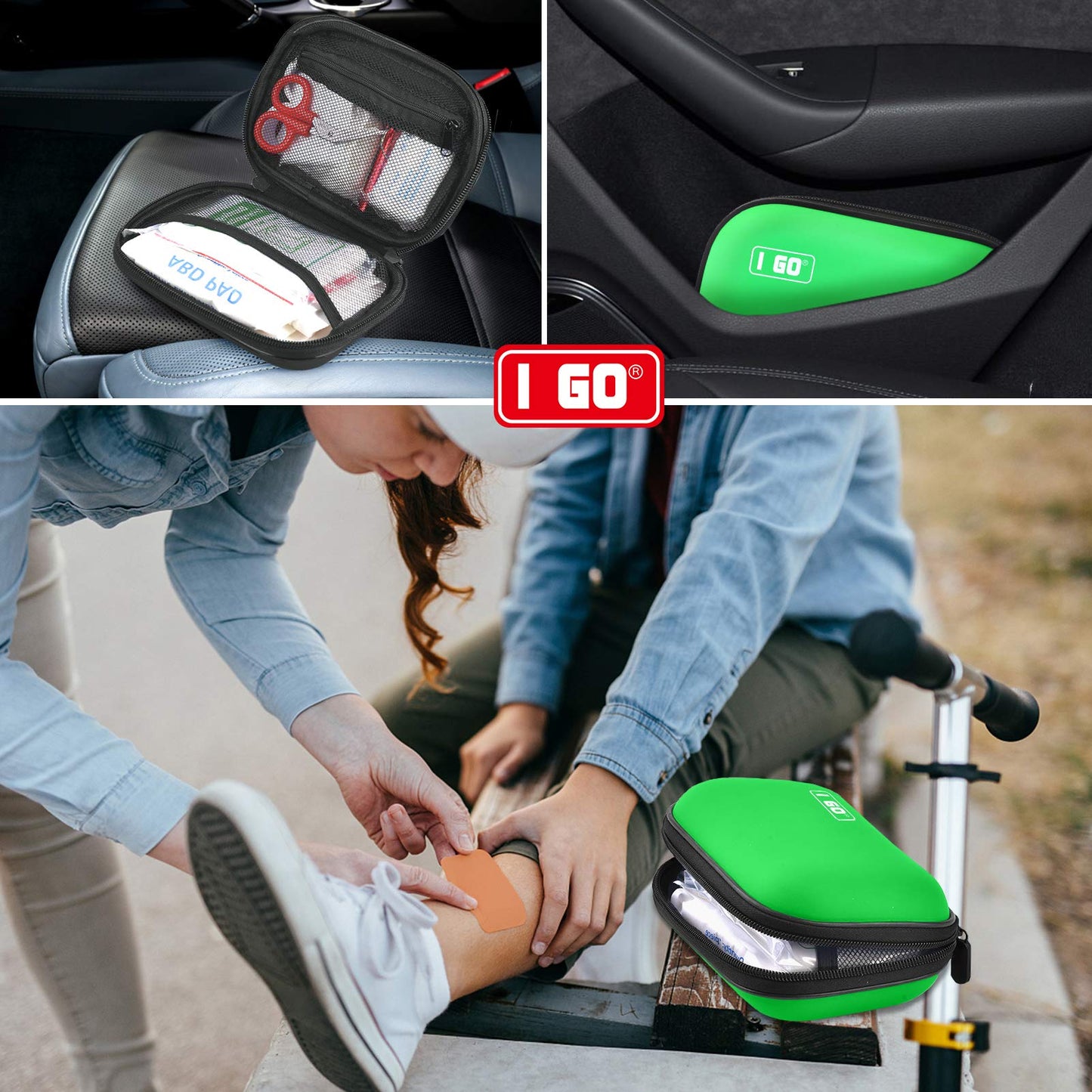 I GO 85 Pieces Hard Shell Mini Compact First Aid Kit, Small Personal Emergency Survival Kit for Travel Hiking Camping Backpacking Hunting Marine Car, Green