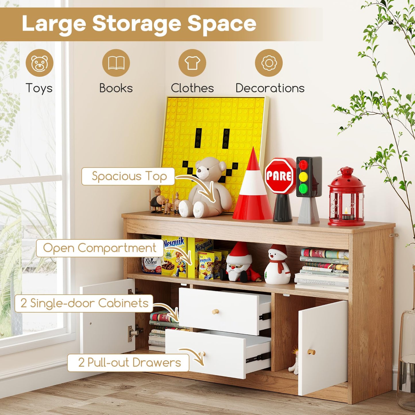 Costzon Toy Storage Organizer, Wooden Kids Toy Cabinet w/ 2 Drawers, 2 Cabinets & Open Shelf, Toy Organizers and Storage for Playroom, Bedroom, Nursery (Natural)