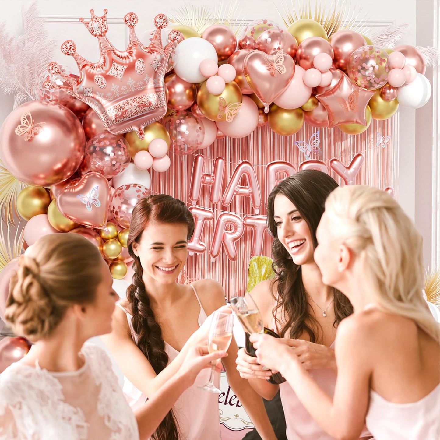 Rose Gold Birthday Decorations for Women, Happy Birthday Decorations with Fringe Curtains, Butterfly Decorations,Rose Gold Balloon Arch Kit for 16th 21st 25 30 40 50th Birthday Decor