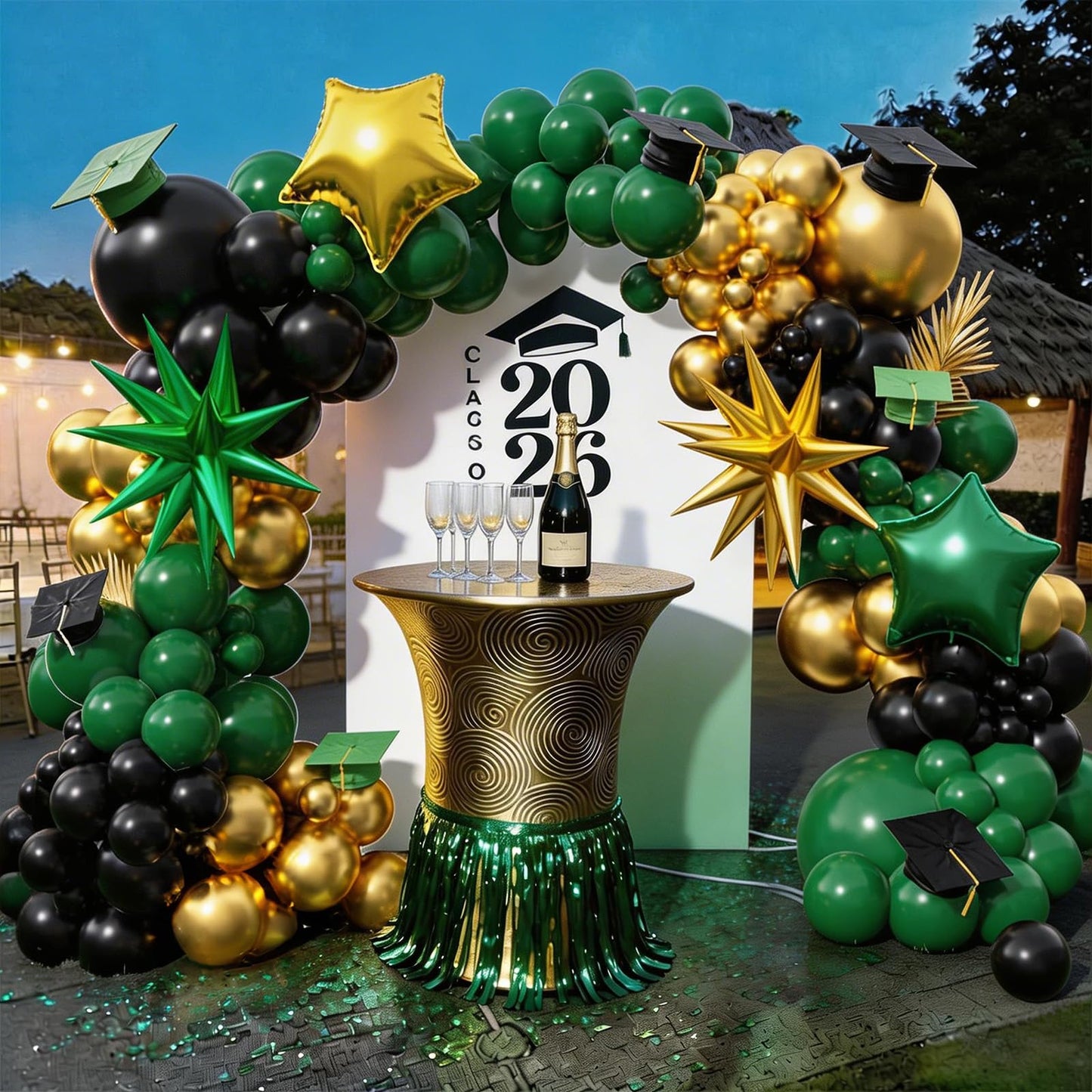 Graduation Balloon Arch Kit 2026 Green and Gold Black Balloon Garland Emerald Forest Dark Green Balloons with Star Foil for Congrats Grad Retirement Prom Birthday Football Party Decorations, 104Pcs