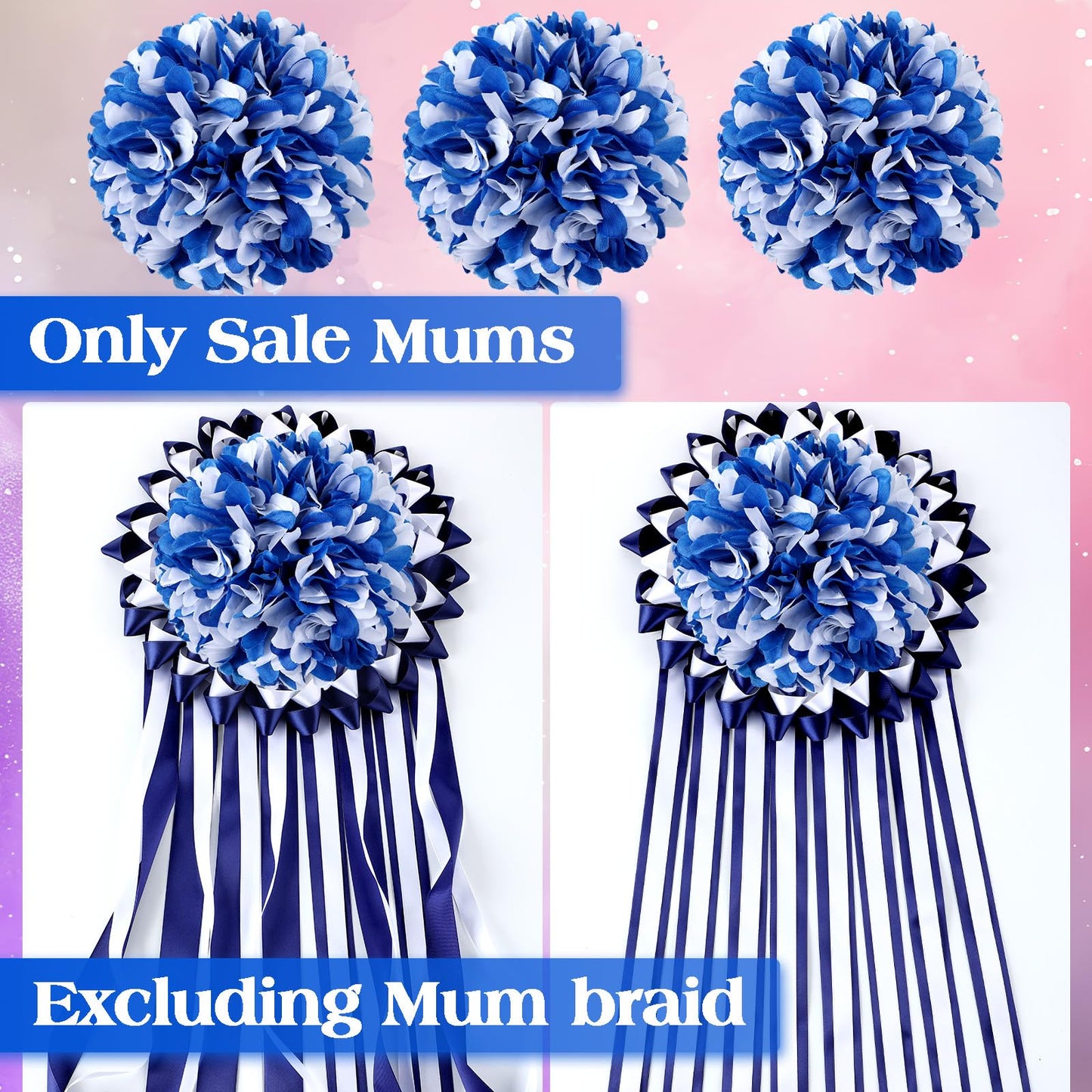Knitgrip 3 Pcs Blue and White Homecoming Mum Flowers 6.5" Silk Homecoming Mum Supplies Trinkets 21 Layers Artificial Flowers Kits for Back to School Week Party Decorations