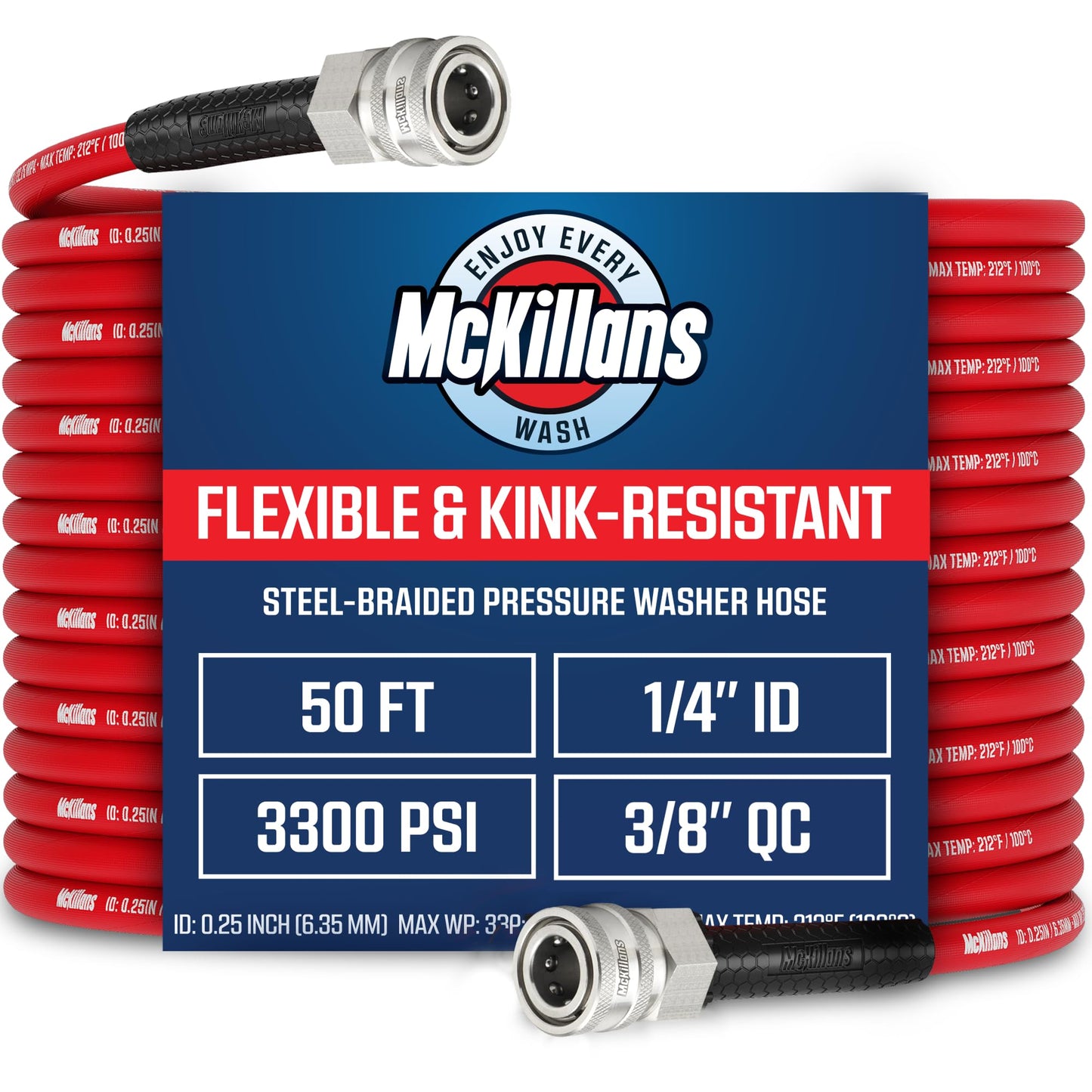 McKillans® QC Installed Pressure Washer Hose 50 ft - Flexible & Kink-resistant - Steel-Braided & Durable- 3/8" QC Pre-Installed Stainless Steel - Power Washer Hose - High Pressure 1/4" Inner Diameter