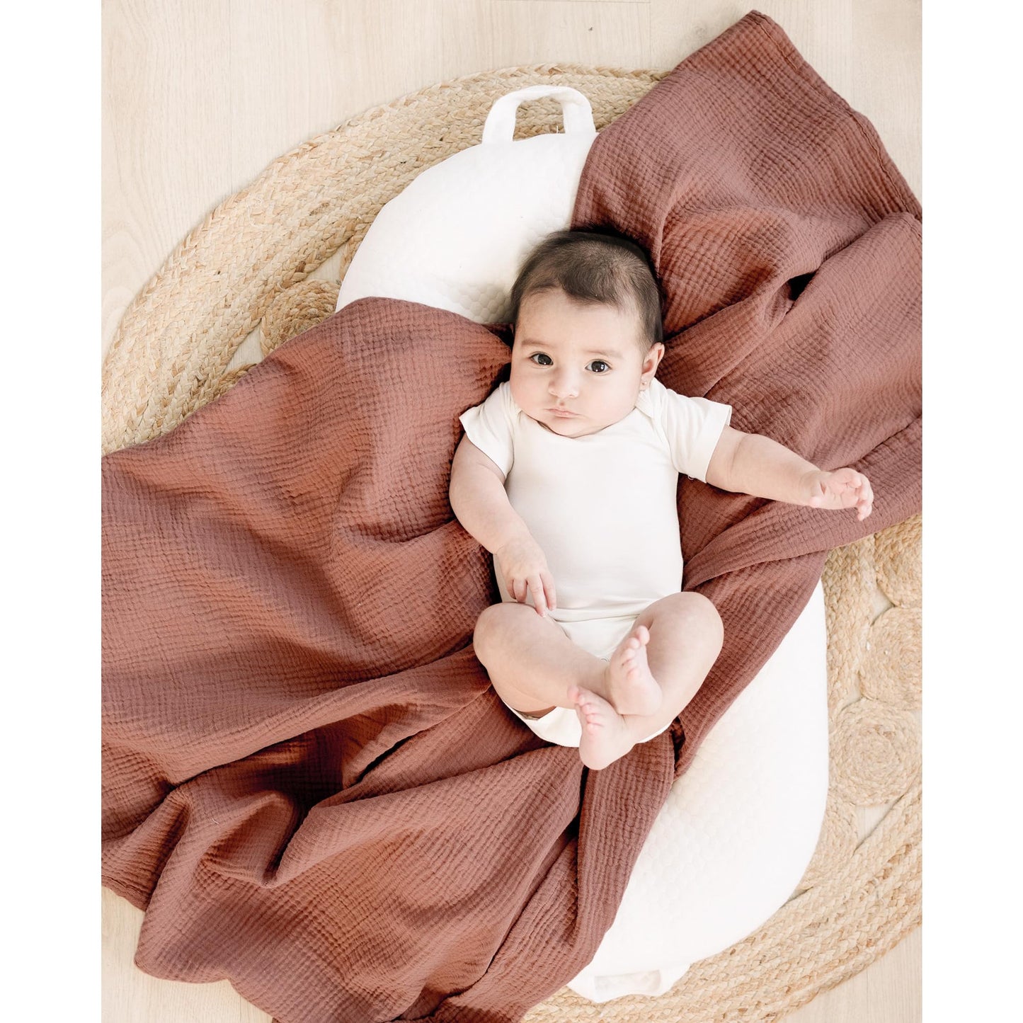 Konssy Muslin Swaddle Blankets for Girls Boys 2 Pack, 100% Cotton Receiving Baby Blanket Large 47 x 47 inches, Soft Breathable Swaddling Wrap for Unisex Newborn (Chestnut, Posy)