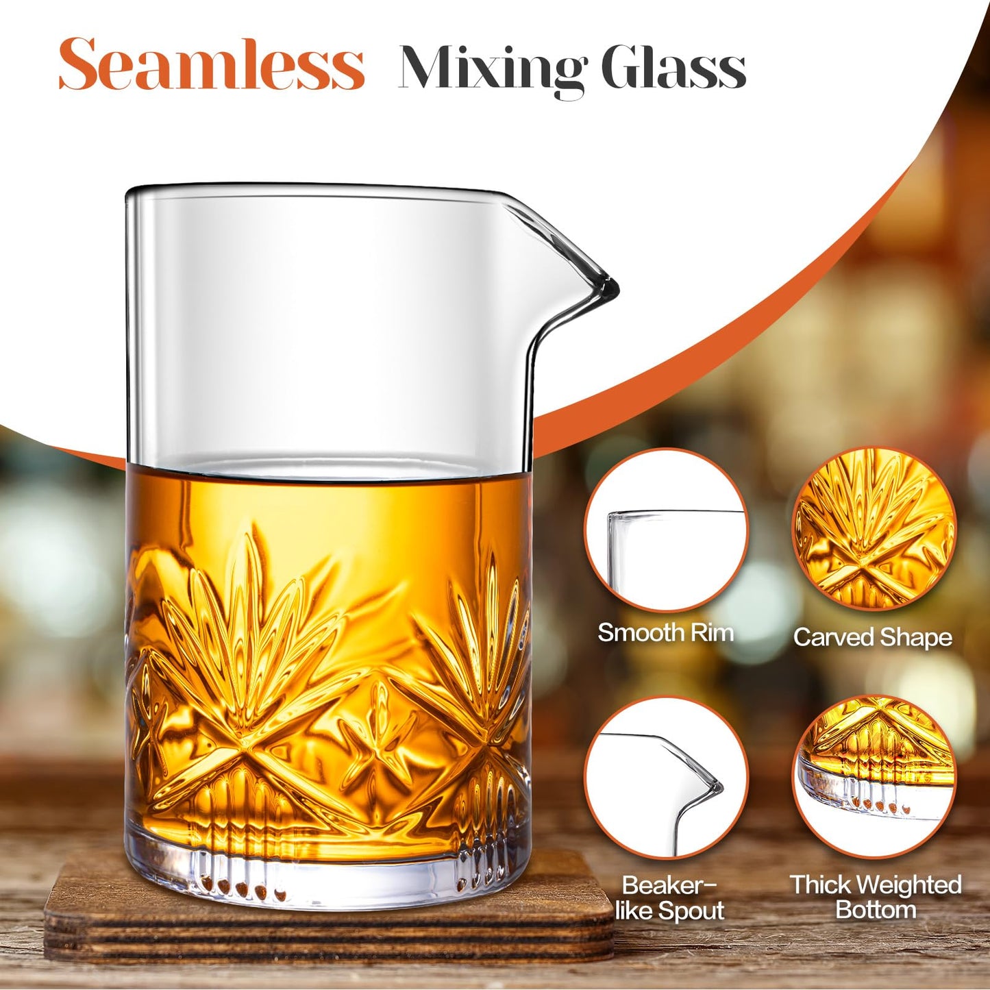 Cocktail Mixing Glass, veecom 18oz Crystal Bartender Kit, 5 Piece Bar Mixing Glass Old Fashioned Cocktail Kit with Strainer, Muddler, Spoon, Jigger, Cocktail Mixer