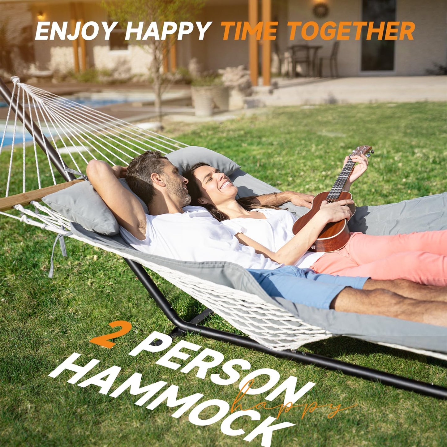 Everyfun 2 Person Outdoor Hammock with Stand, Cotton Rope Hammock with Polyester Pad, Adjustable Steel Frame, Portable with Carrying Bag – for Patio, Backyard, Garden, Beach,Dark-Gray