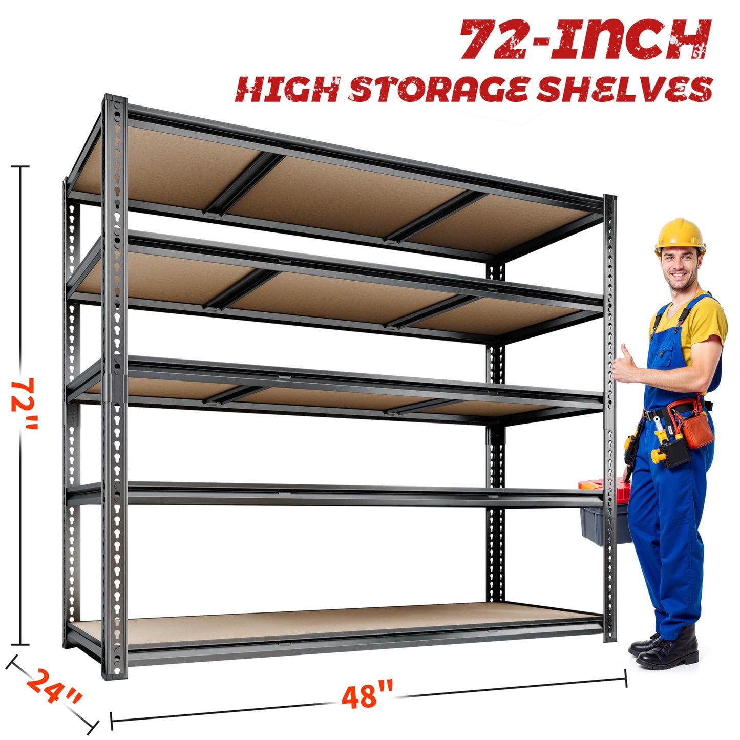 48"W Garage Shelving, 3050LBS Storage Shelves Heavy Duty, 5 Tier Metal Shelving Unit Adjustable Garage Shelves Heavy Duty Shelving for Warehouse,Commercial, Kitchen, 48" W × 24" D × 72" H, Black