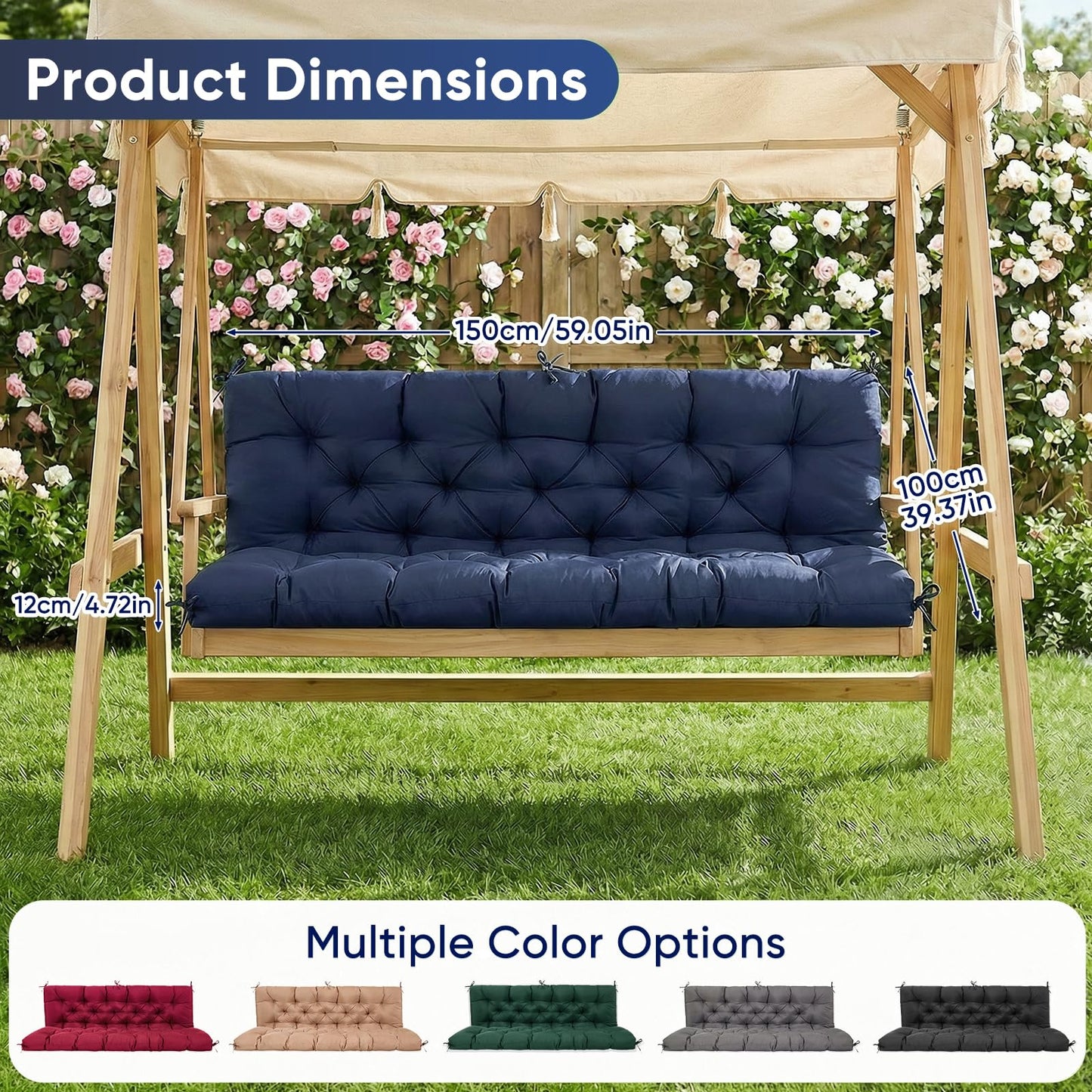SLIMSTY Porch Swing Cushions,Waterproof 2-3 Seater Replacement for Outdoor Furniture,Thickened 4.7 Inches Patio Cushion with Ties& Backrest,Outdoor Bench Cushion for Backyard,Garden,60 x 40 inches