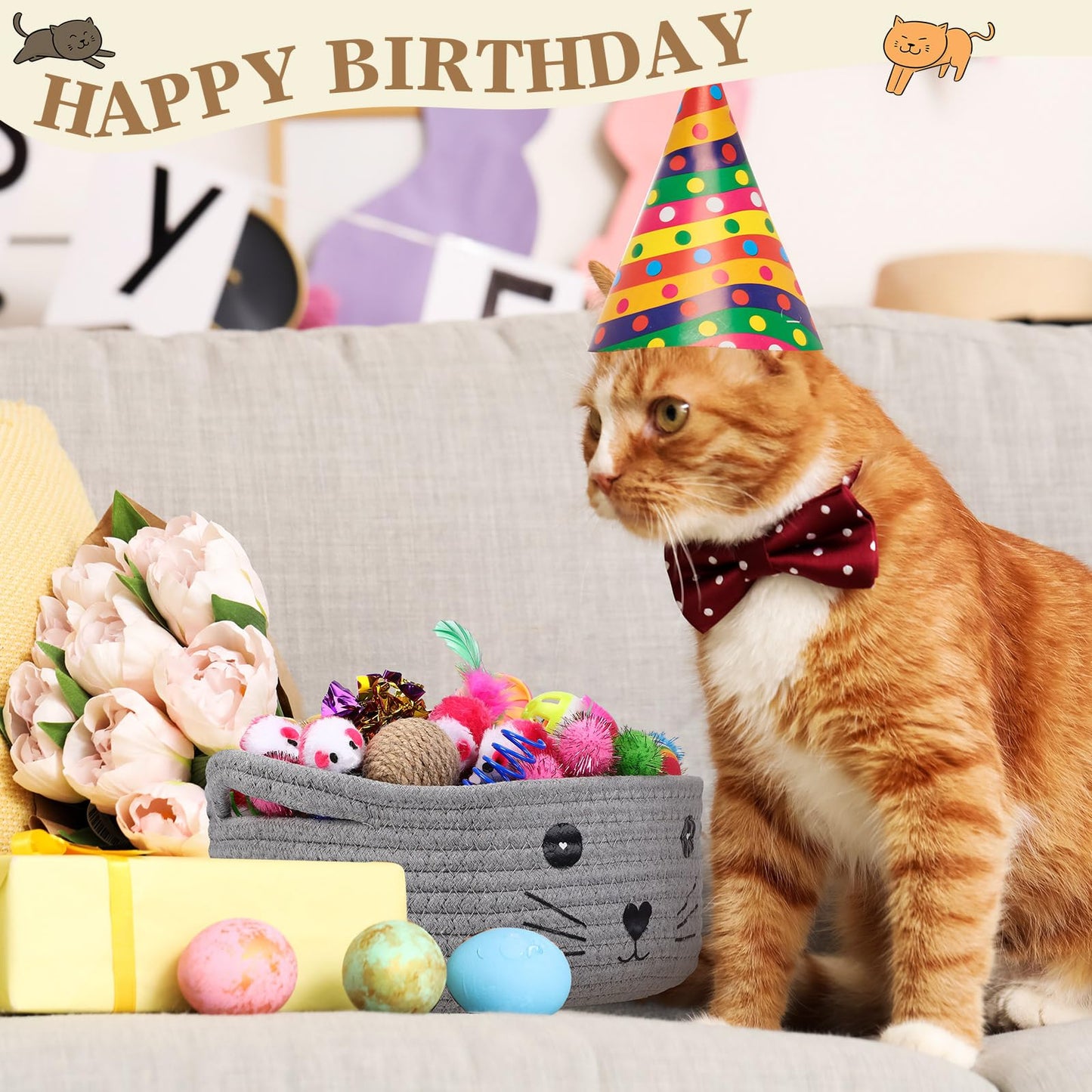 Zopeal 58 Pcs Mother’s Day Cat Storage Basket Gift Toys Set, Colorful Flashing Balls Pet Bell Crinkle Balls Spring Toys Attract Cat to Swat, Hunt, Interactive for Pet(Grey,9.8 Inch)