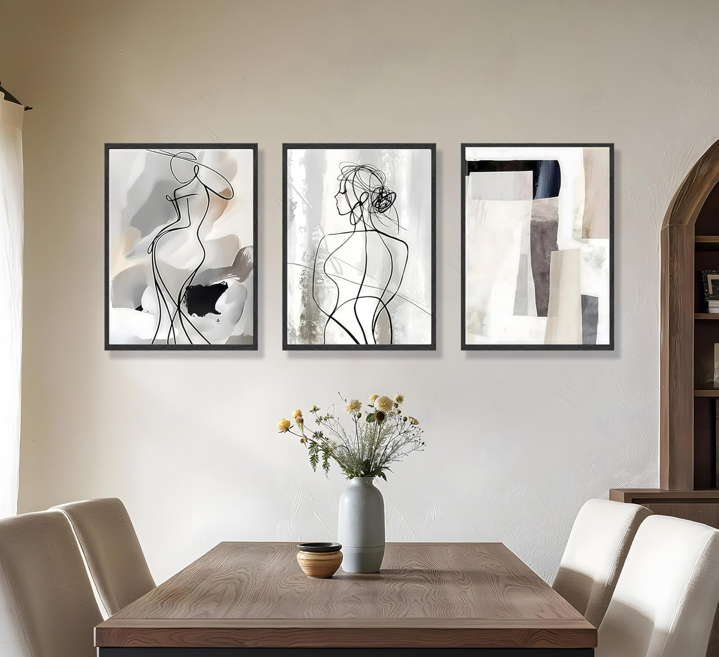 3pcs Black White Abstract Line Wall Art Female Figure Silhouette & Geometric Elements Pictures Posters Modern Minimalist Canvas Paintings Wall Decor For Living Room Bedroom Decoration Unframed