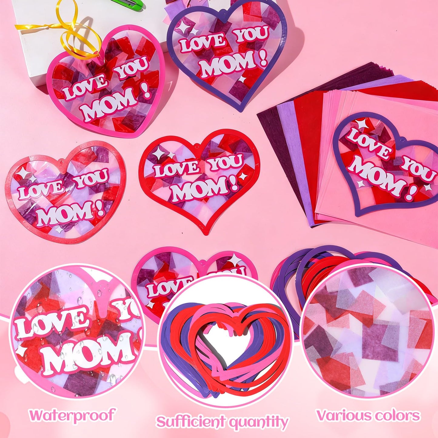 Qyeahkj 36 Set Mother Day Heart Suncatchers Crafts for Boys and Girls DIY Love Hearts Window Tissue Paper Crafts Love Hanging Decor for Classroom Home Activity Art Project Birthday Party Favor Gifts