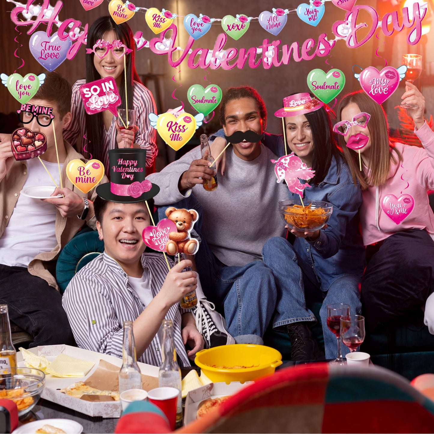56 Pcs Valentines Party Decorations Kit, Happy Valentine’s Day Banners Hanging Swirls and 30 Pcs DIY Selfie Photo Props Party Supplies, for Wedding Party Home Office Ornaments