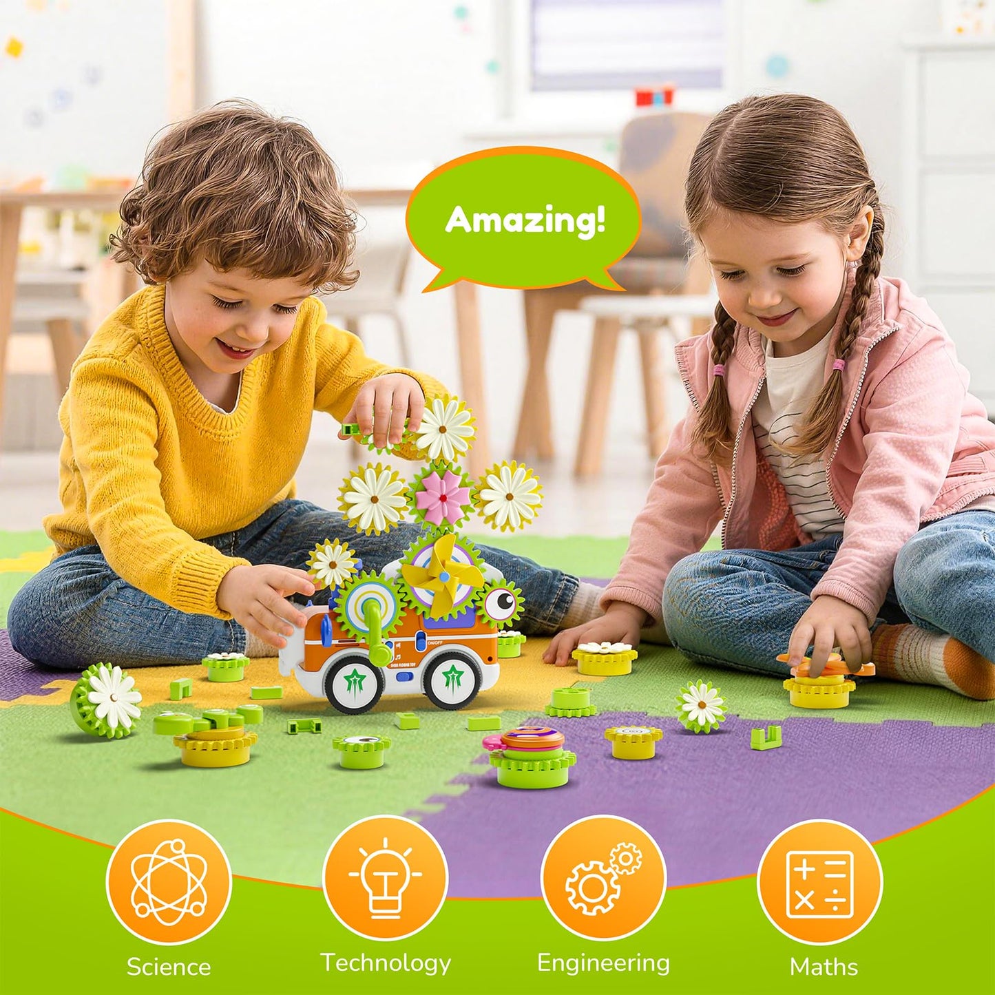 Gears Building Toys for Kids Ages 3+, STEM Construction Set for Toddlers, Train and Flower Models with Electric & Manual Modes, Lights and Music, DIY Educational Learning Toys Gift for Boys and Girls