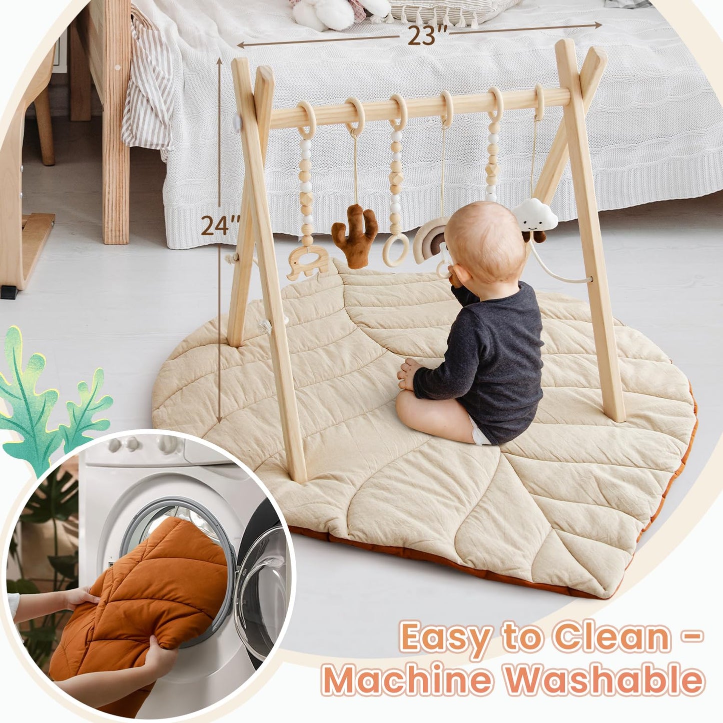 Razee Wooden Baby Play Gym Activity Mat, Leaf Shaped Play Mat Baby Gym with 6 Hanging Sensory Toys Foldable Baby Gym Newborn Infant Baby Use