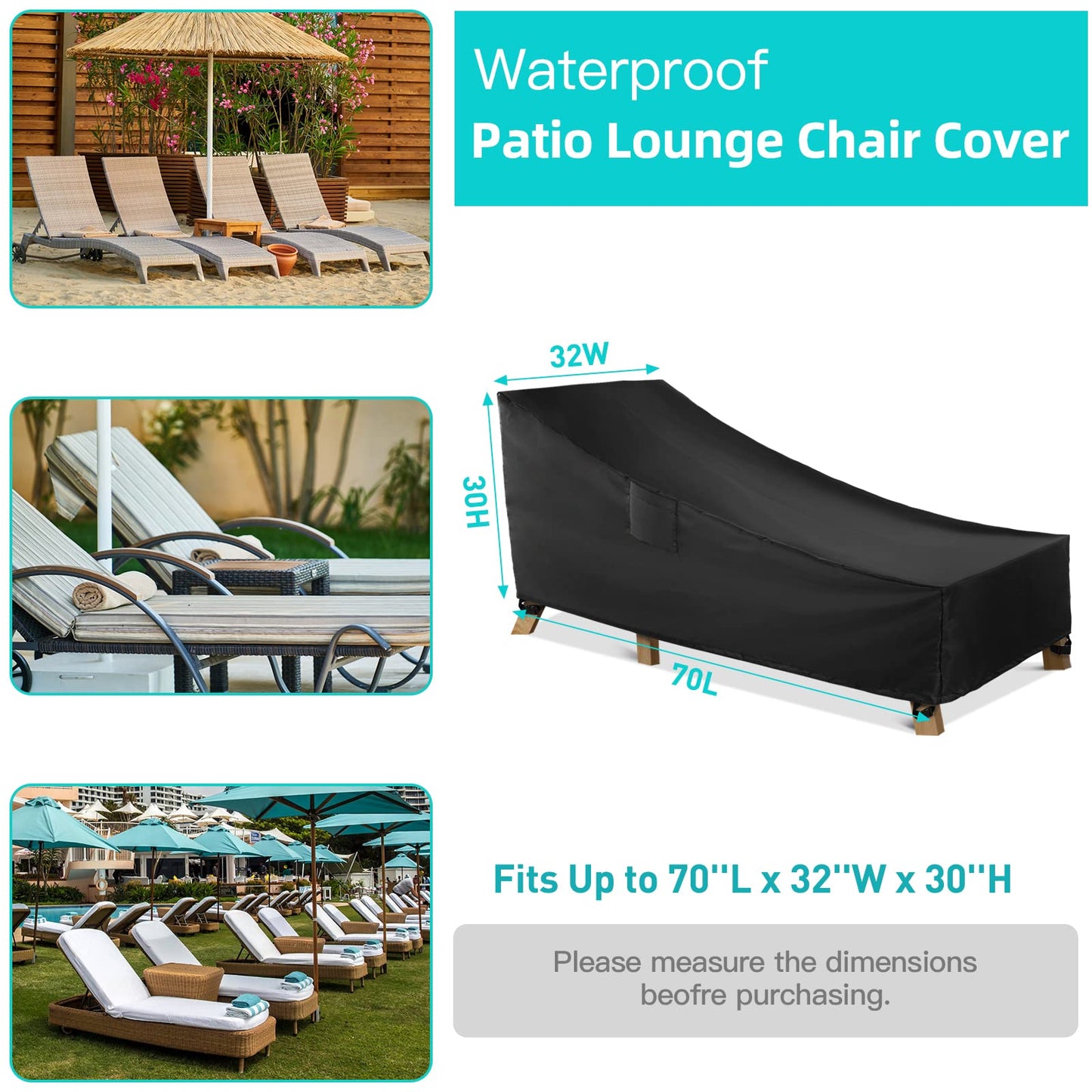 WLEAFJ Patio Chaise Lounge Cover Waterproof, Heavy Duty Outdoor Lounge Chair Covers, Black Durable Patio Furniture Covers, 70L x 32W x 30H inch - 2 Pack