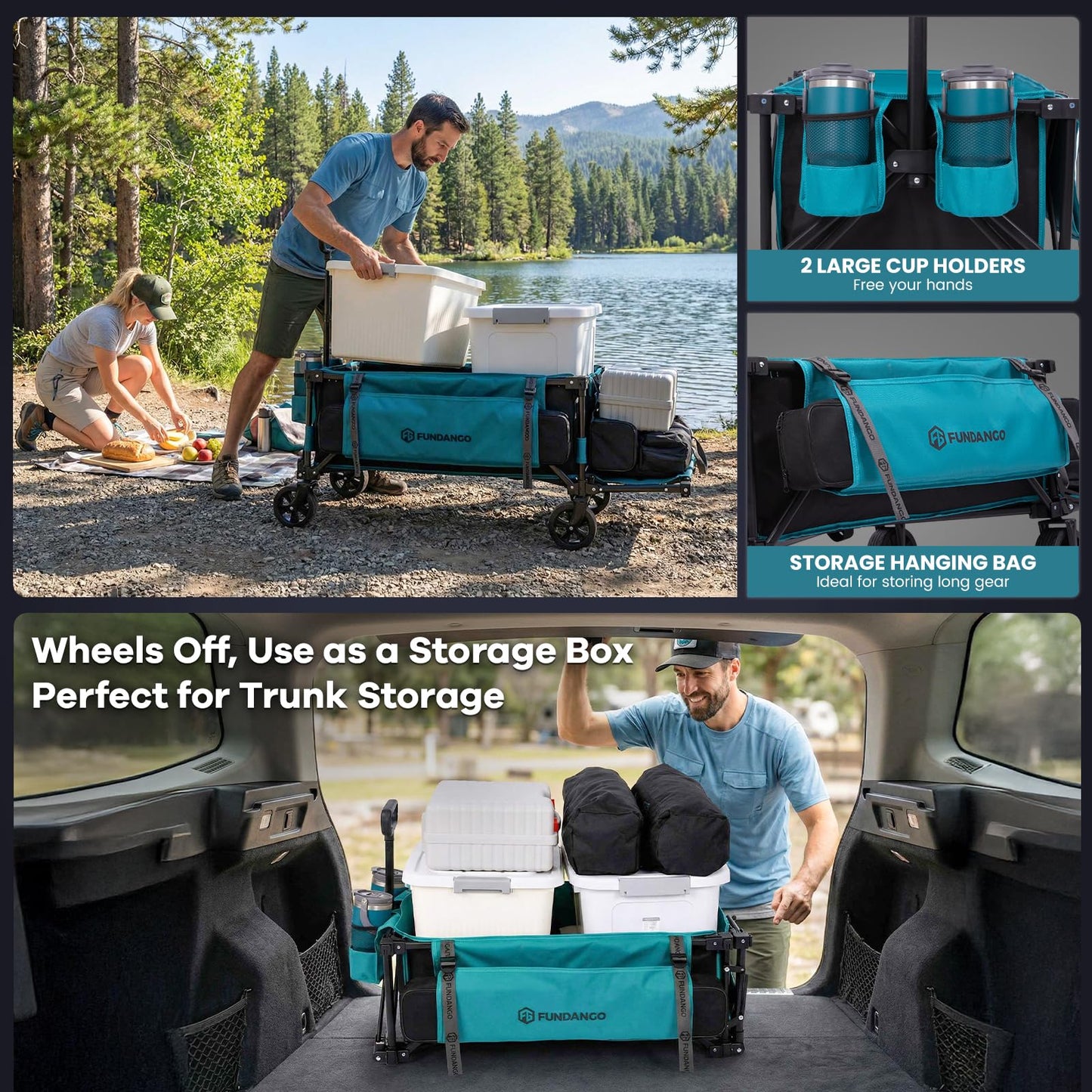 FUNDANGO 45" Extra Long Collapsible Wagon with Tailgate, 400LBS Heavy Duty Folding Wagon Cart, Compact Folds Down to 1/8 Size, All-Terrain Wheels for Camping Beach Grocery