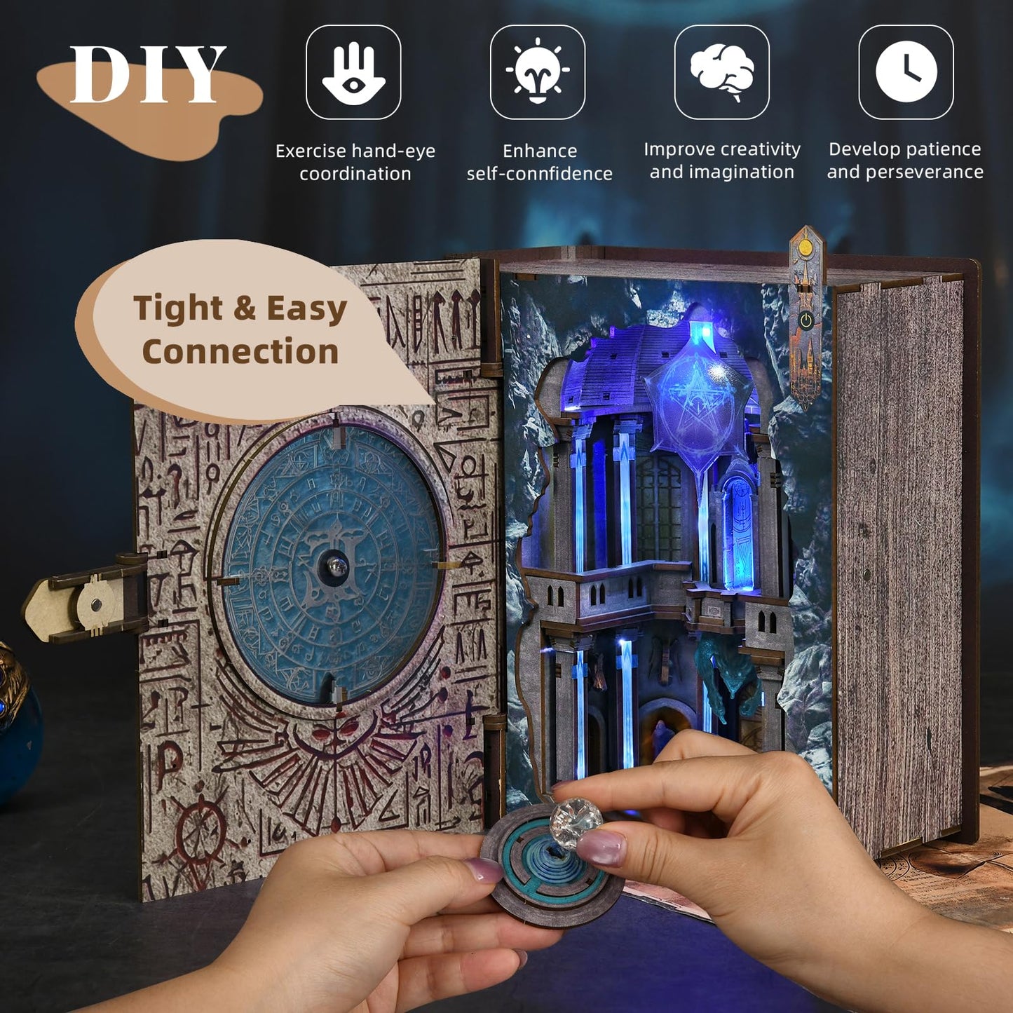 MiniCity DIY Book Nook Kit, 3D Wooden Bookend Bookshelf Insert Decor with LED Light, 278 Pcs Craft Kit for Teens & Adults (Circle of Magic)