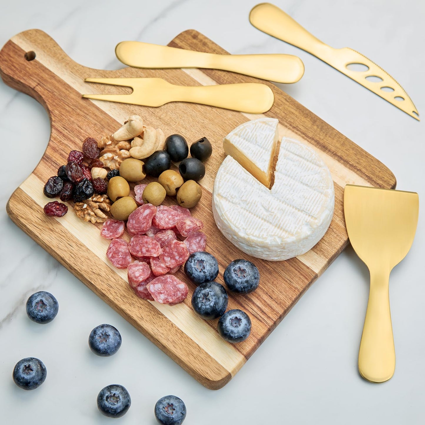 15Pcs Luxury House Warming Gifts New Home, Housewarming Gift Basket for Couples Friends First Apartment, Closing Gifts for Home Buyers, with Unique 3D Card Acacia Cutting Board Gold Cheese Knives