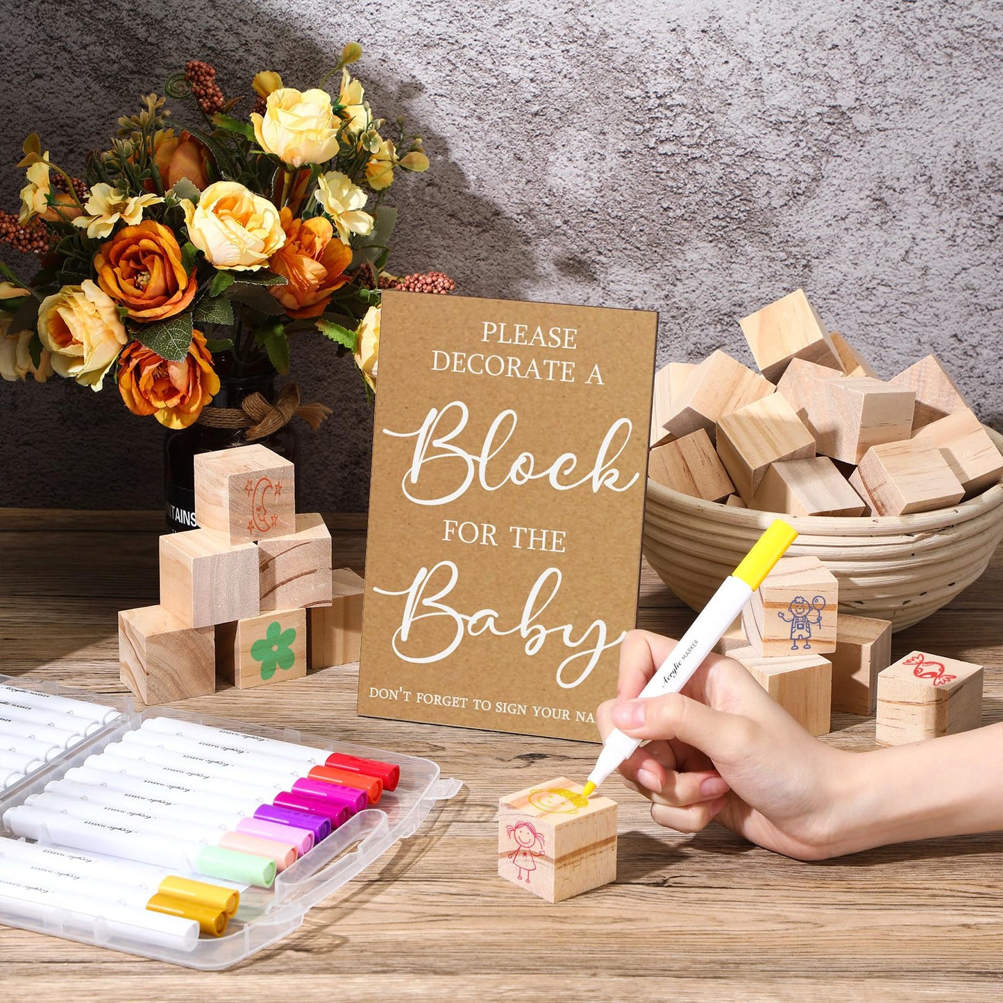 Tatuo 75 Pcs Baby Shower Block Games Here Comes The Son Baby Shower Decor 50 Blank Wooden Blocks 1 Decorate a Block Sign and 24 Paint Markers Party Decorations Activities for Guests(Kraft)