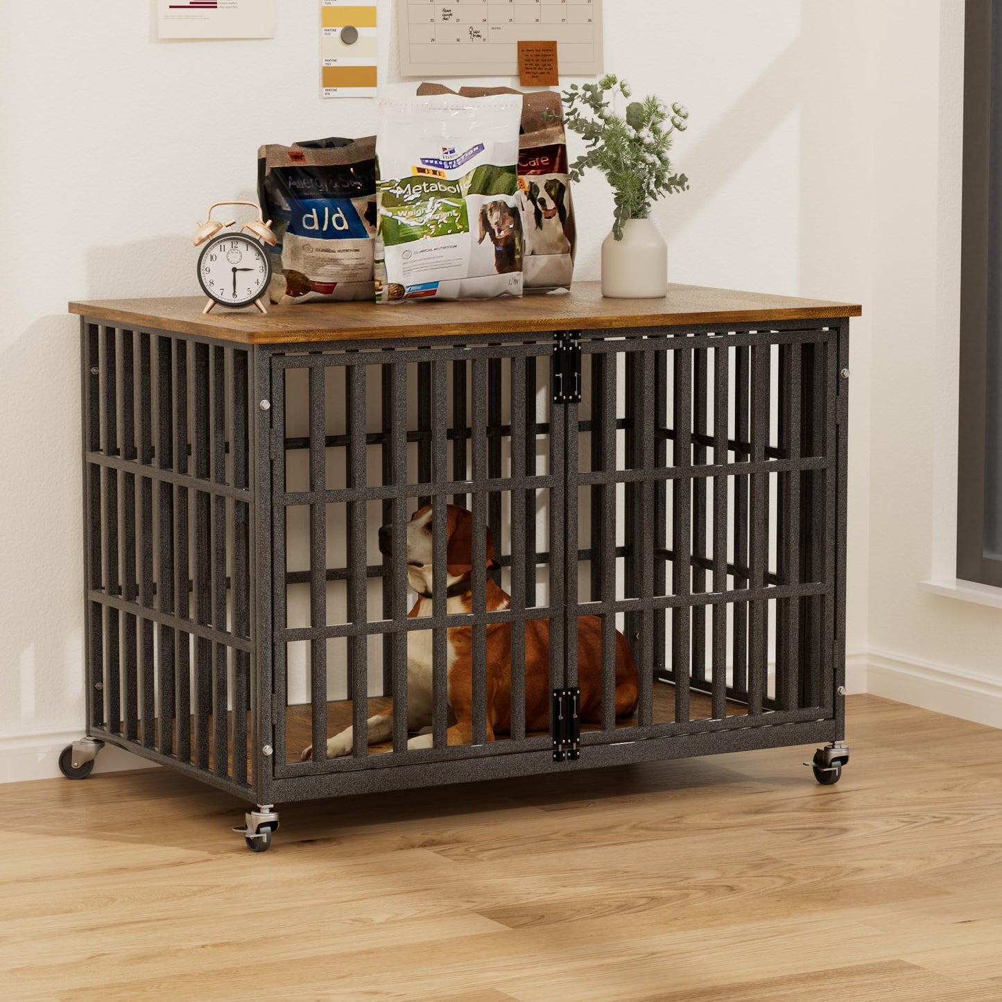 38 Inch Dog Crate Furniture, Heavy Duty Wooden Dog Kennel for Large Dogs, Chew Proof & Escape-Proof Indoor Dog Cage with TV Stand, for Anxious Dogs, Black Brown Cabinet