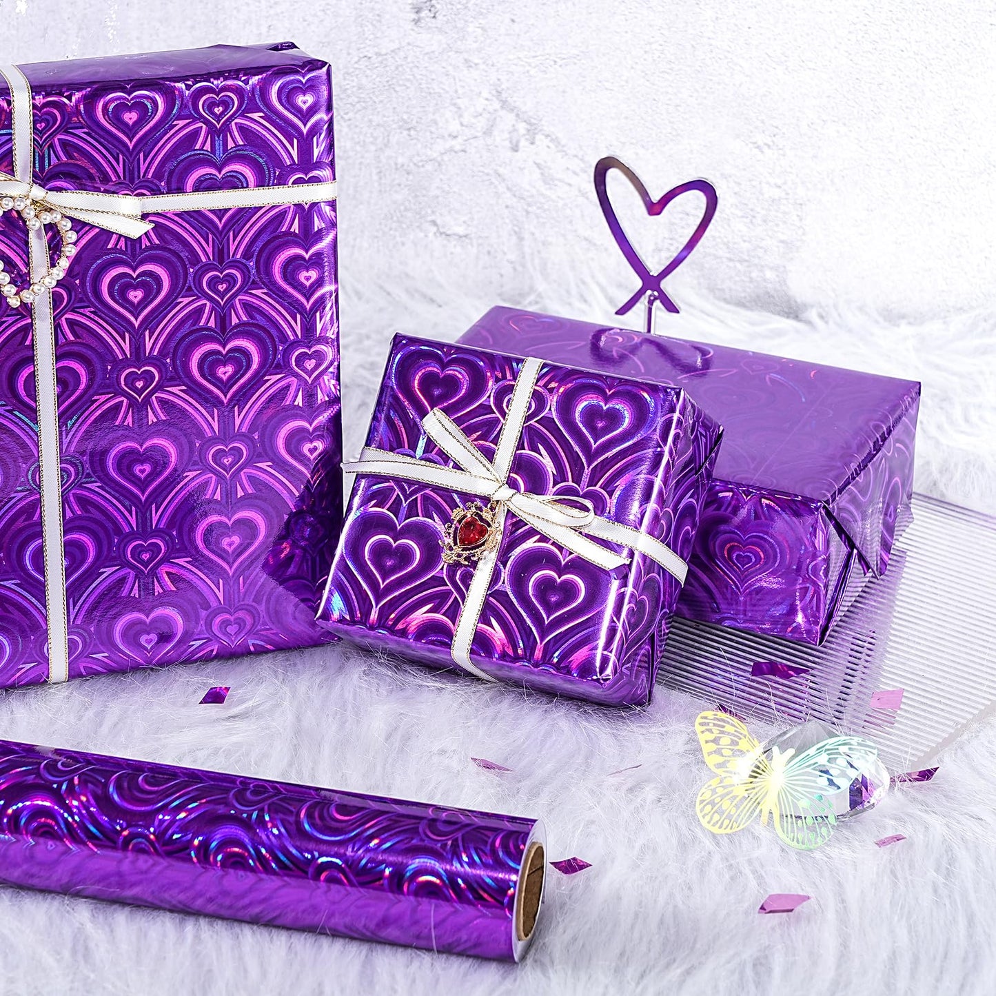 LeZakaa Purple Holographic Wrapping Paper, Metallic Foil Purple Heart for Helloween, Mothers Day, Graduation, Birthday, Valentines, Wedding, Baby Shower, Christmas, Mini Roll, 17 IN x 32.8 FT
