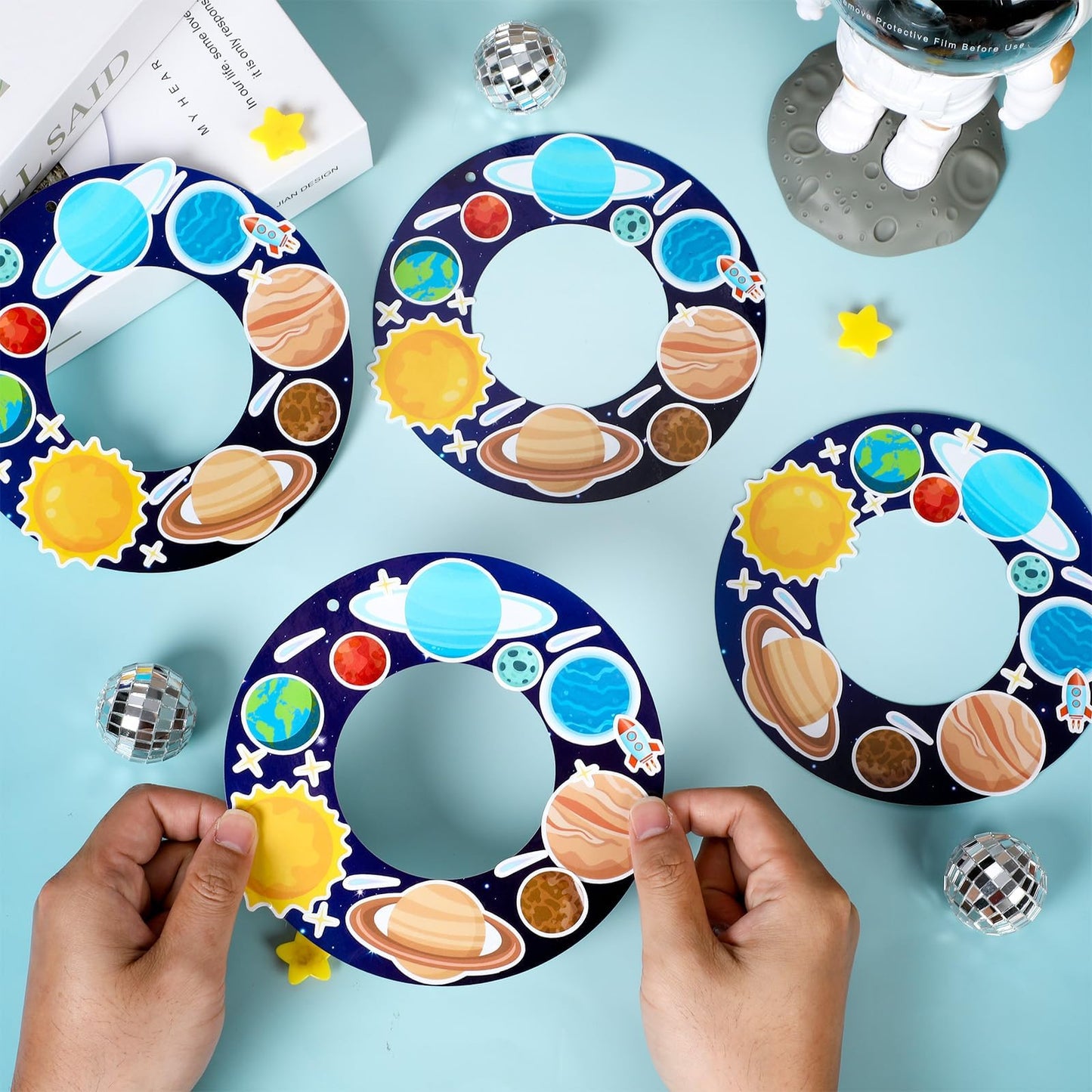 Lonfliness 24 Sets Space Wreath Craft Kits DIY Hanging Decor Solar System Paper Wreath Craft Ornament with Planet Stickers Outer Space Party Supplies for Home School Classroom Activities