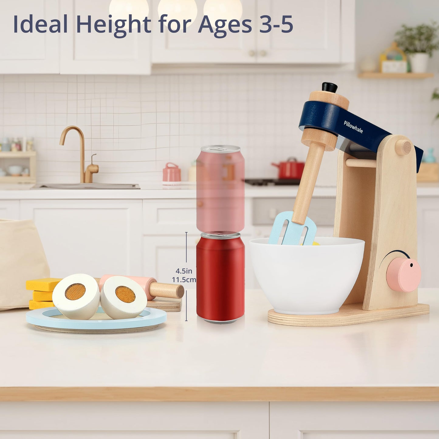Pillowhale Wooden Kitchen Toys Mixer for Toddlers Age 3+ - 21pcs Montessori Pretend Play Baking Set with Bowl & Rolling Pin, Toy Kitchen Accessories Gift for Girls Boys