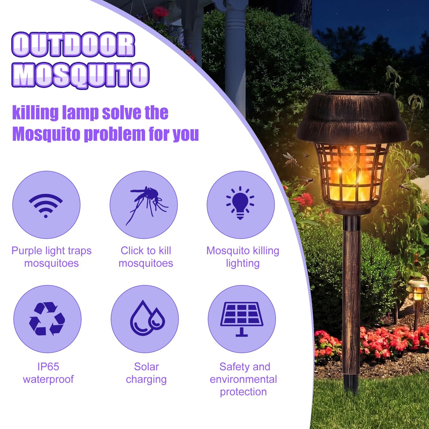 Qualirey 12 Pcs Solar Mosquito Zapper Outdoor Waterproof Solar Powered Bug Zapper Outdoor Mosquito Killer Lamp Trap Repellent Light for Garden Yard Insect (Purple and Flame Light,Black)