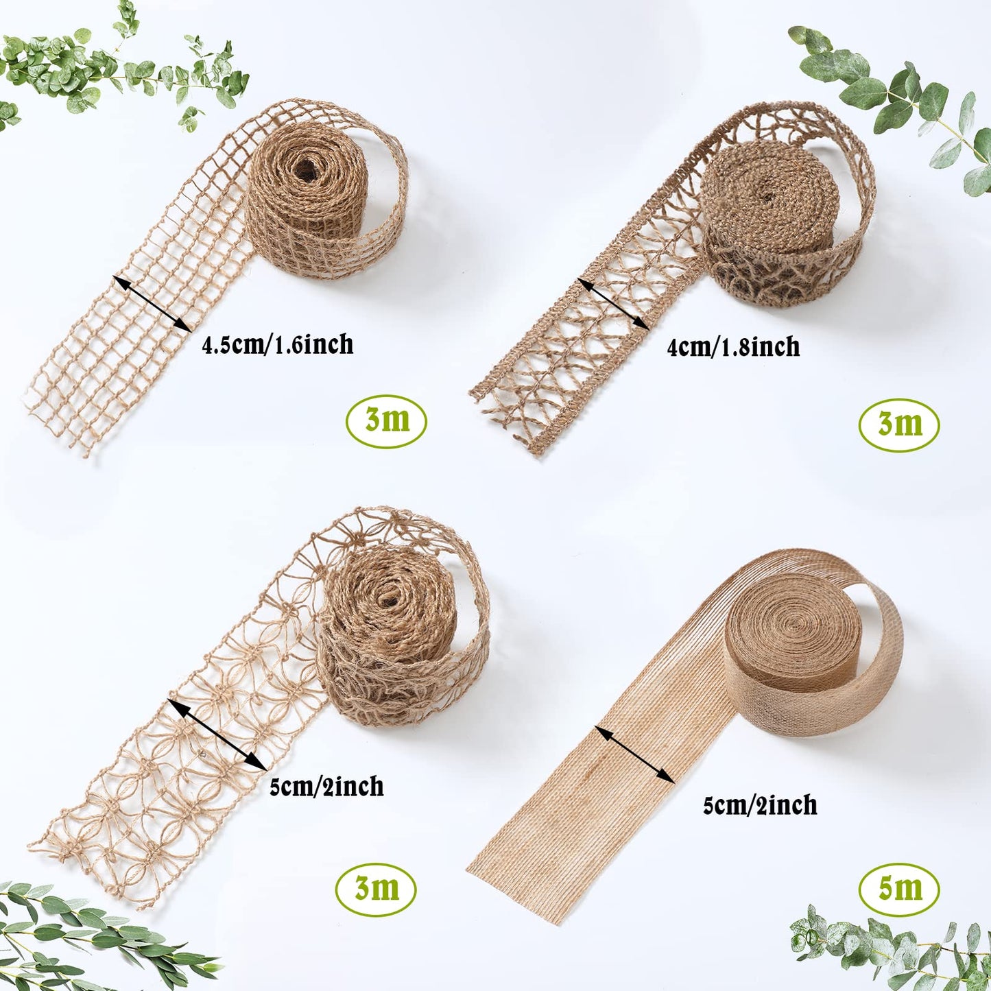 4 Rolls Burlap Ribbon Wired Natural Jute Burlap Lace 1.6-2 Inch x 16.4 Yard Wrapping Ribbon for Crafts, Big Bows, Spring Outdoor Decoration, Wedding Gift Wrapping, Wreath, Holiday Party DIY Home Decor