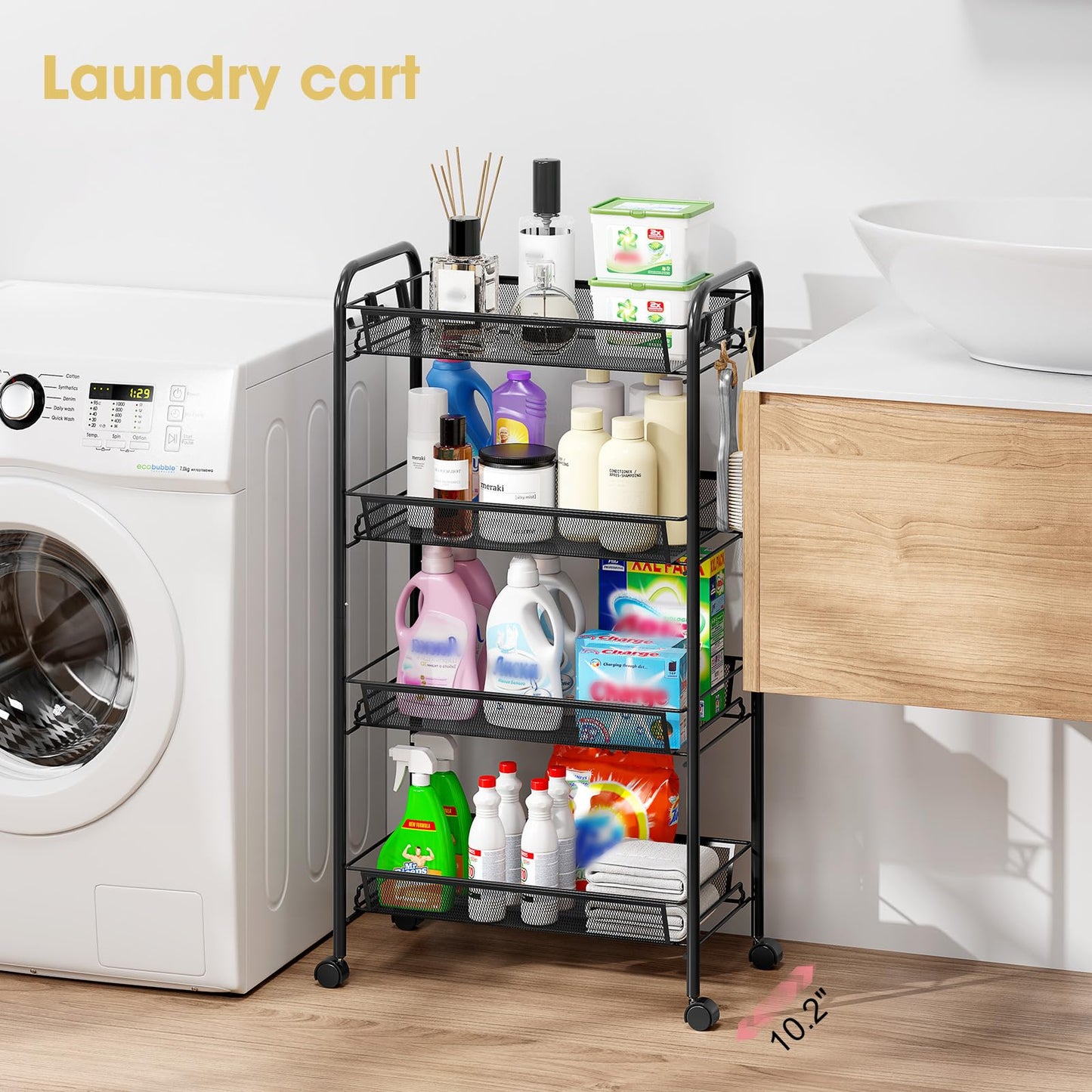 TOOLF 4-Tier Rolling Cart, Metal Utility Cart with 3 Hooks, Easy Assemble Mobile Storage Trolley On Wheels, Metal Shelving Units Kitchen Bathroom Laundry Room