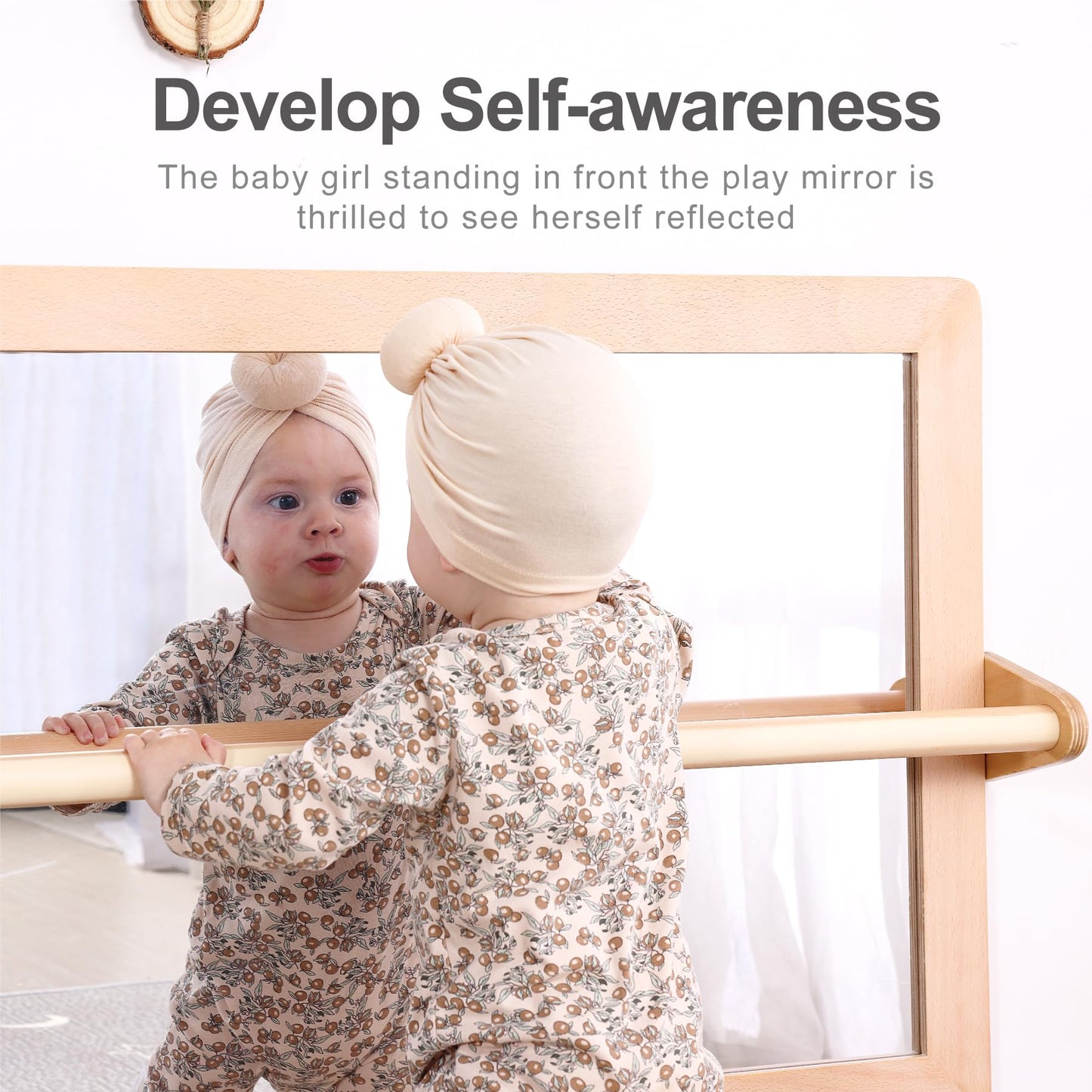 KRAND 3-Position Montessori Shatterproof Safety Baby Mirror w/Pull Up Handrail, Infant Coordination Mirror Set, Kid's Classroom Furniture for Nursery, Daycare, Homeschool or Preschool (Natural Pura)