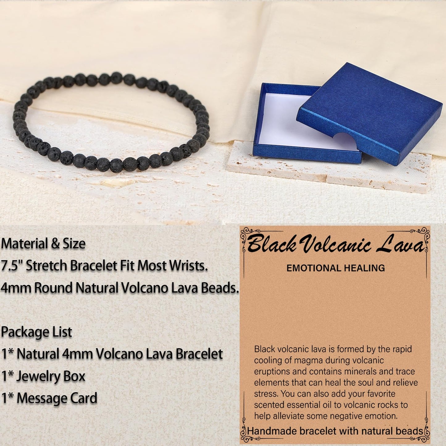LPBeads Handmade Natural Gemstone Stretch Elastic 4mm Black Lava Bracelet Healing Crystal Round Stone Beads Jewelry Gifts for Women Men