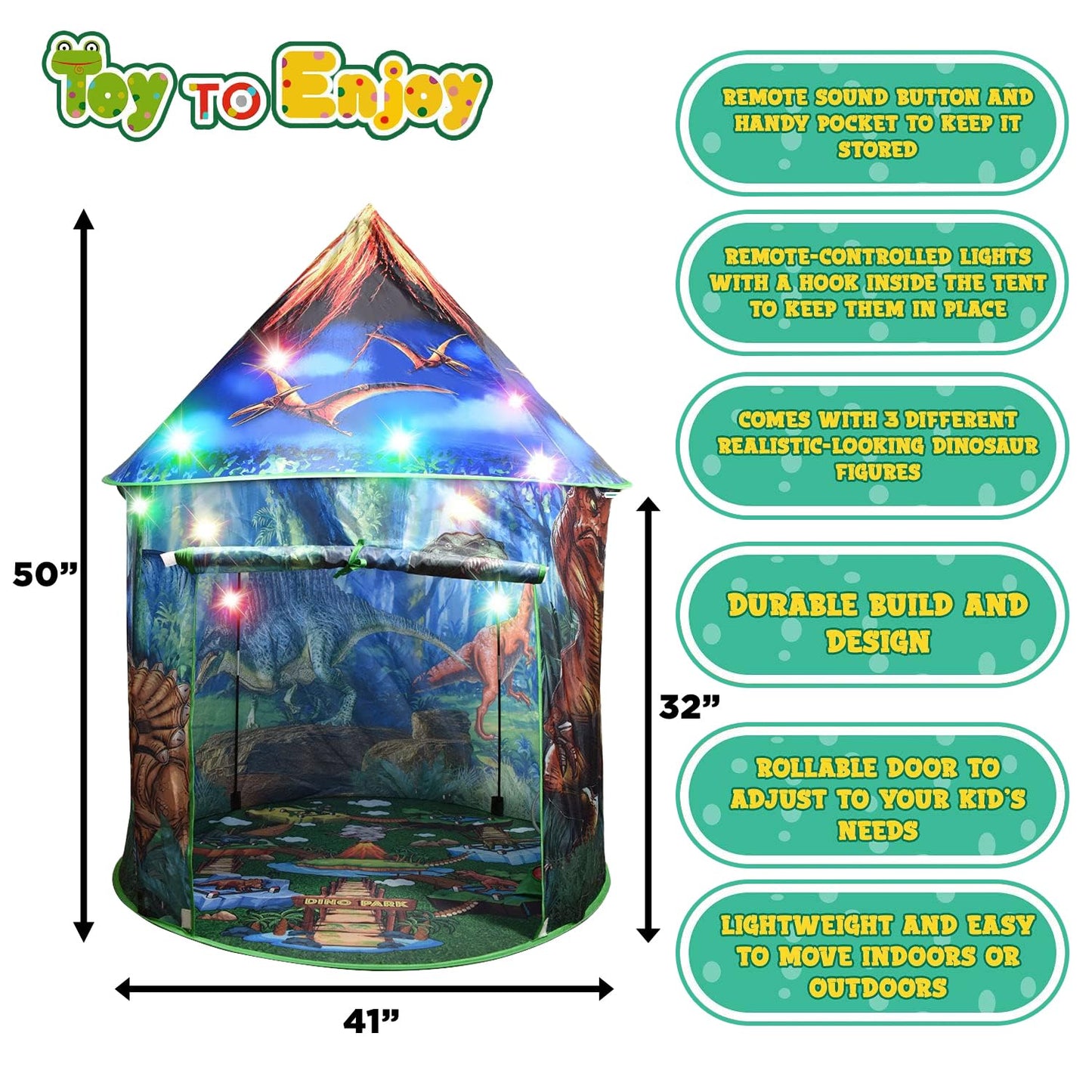 Dinosaur Pop Up Kids’ Play Tent by Toy to Enjoy - Perfect for Indoor & Outdoor. Dinosaur Camping Tent for Toddlers, Boys&Girls. Includes Remote Controlled Lights, Roar Sound Button & 3 Different Toys
