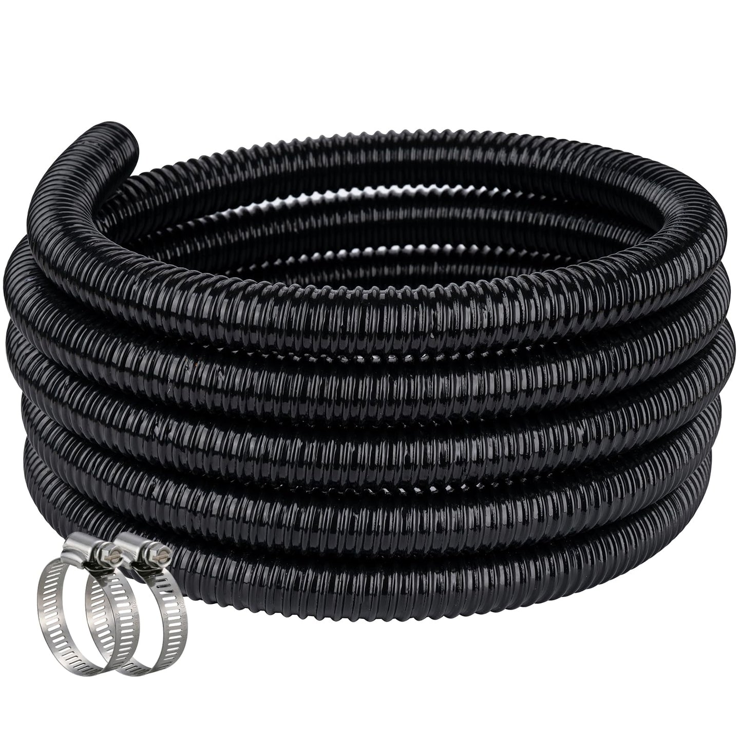 Pond Hose ID 1/2” × 25ft Black Corrugated Flexible Reinforced PVC Hose Vinyl Tubing for Pond Pump Fountain Garden Waterfall, Non-toxic & Kinkproof, with 2 clamps