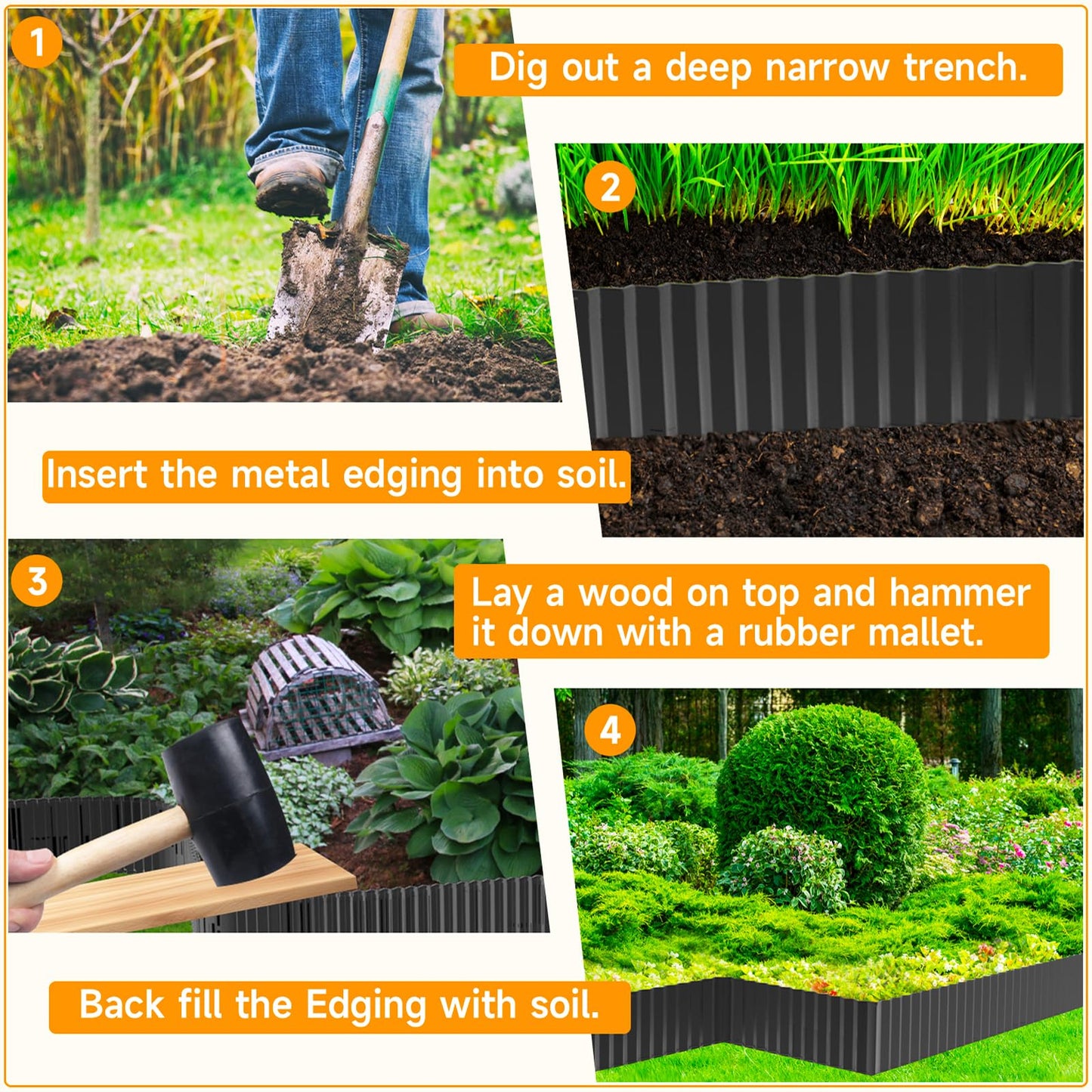 MTART Corrugated Metal Edging for Landscaping, Sturdy Garden Edging Border for Flower Bed, Lawn and Landscape Edging (Black, 6"×40Ft)