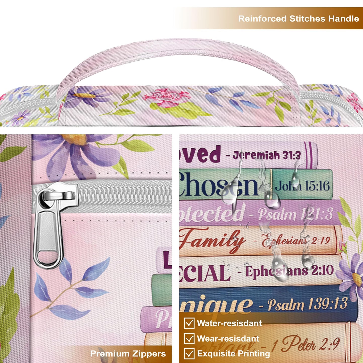 MYSMOR God Says I Am Bible Cover for Women, Floral Scripture Bible Case with Handle and Zipper Pocket, Christian Bible Bag for Girls and Ladies, Inspirational Gift for Church and Study Use