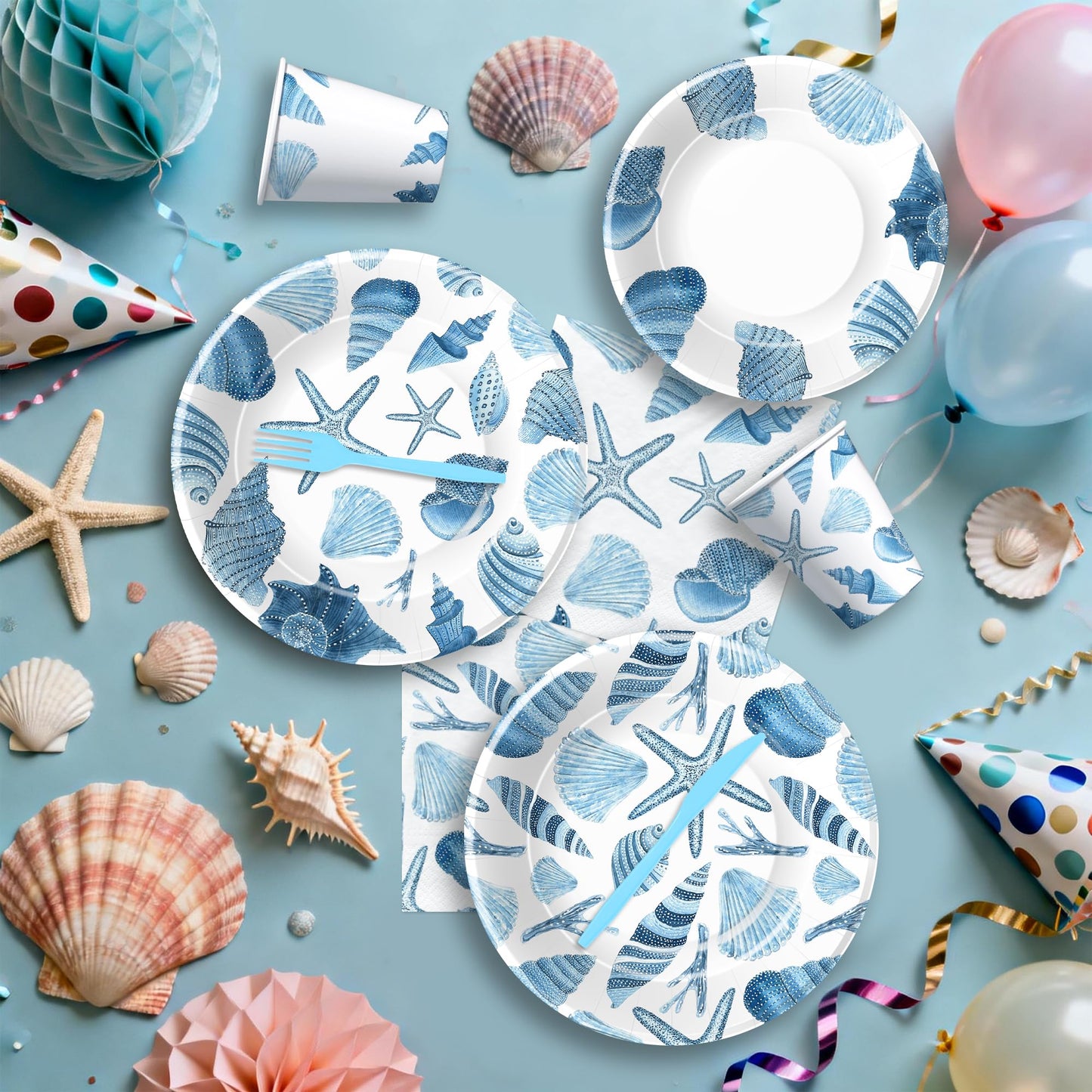 FVABO Ocean Seashell Birthday Decorations, Blue Sea Shell Party Supplies for Beach Summer Pretty Birthday Baby Shower, Plate, Cup, Napkin, Tablecloth, Banner, Balloon, Swirl, Topper, Cutlery, Serve 24