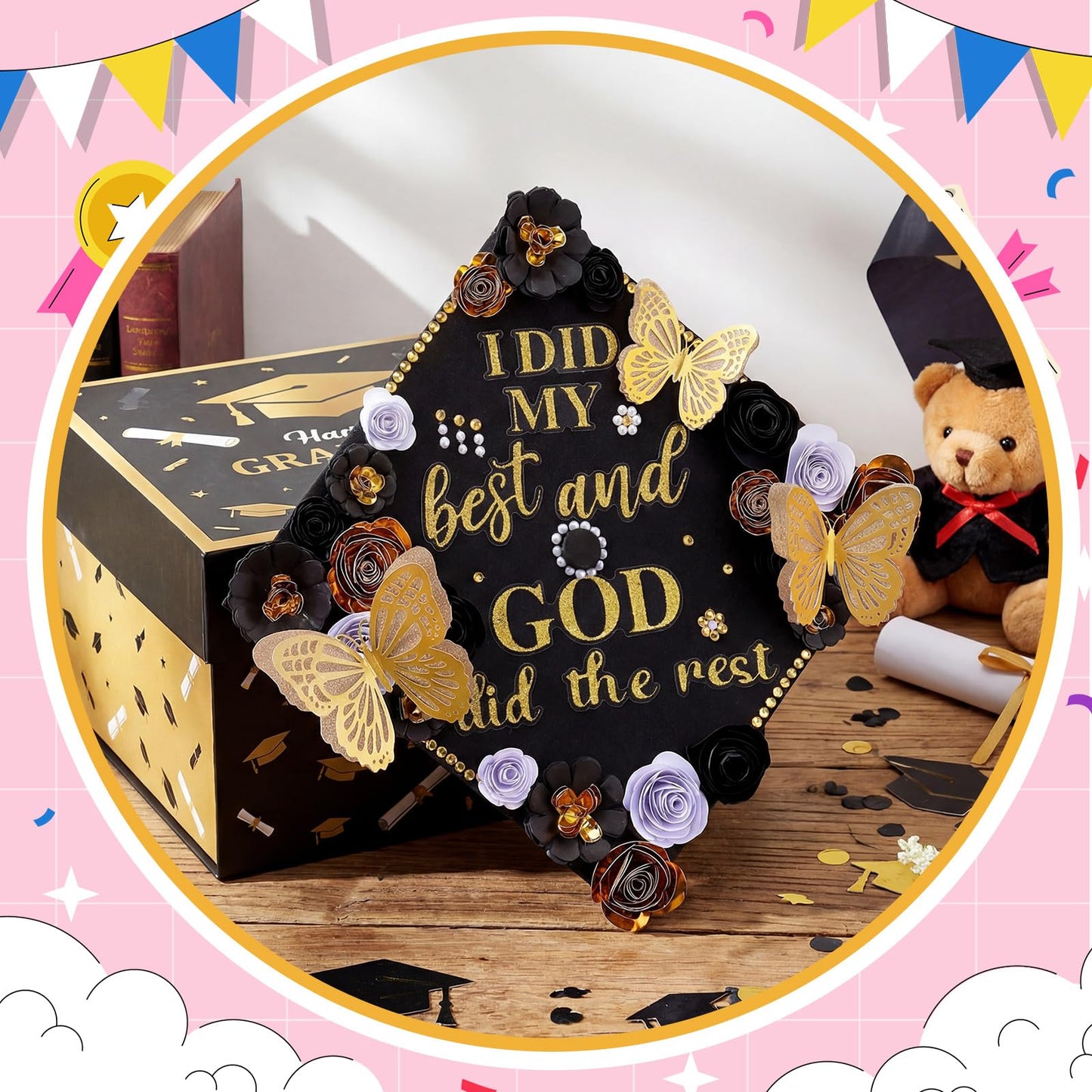 Feifeiya 44 Pcs DIY Graduation Cap Decoration Accessory Kit Faux Paper Flower Head Graduation Quote Glitter Sticker 3D Butterfly Pearl Rhinestone Sticker for Grad Cap Topper Gift (Black Gold)