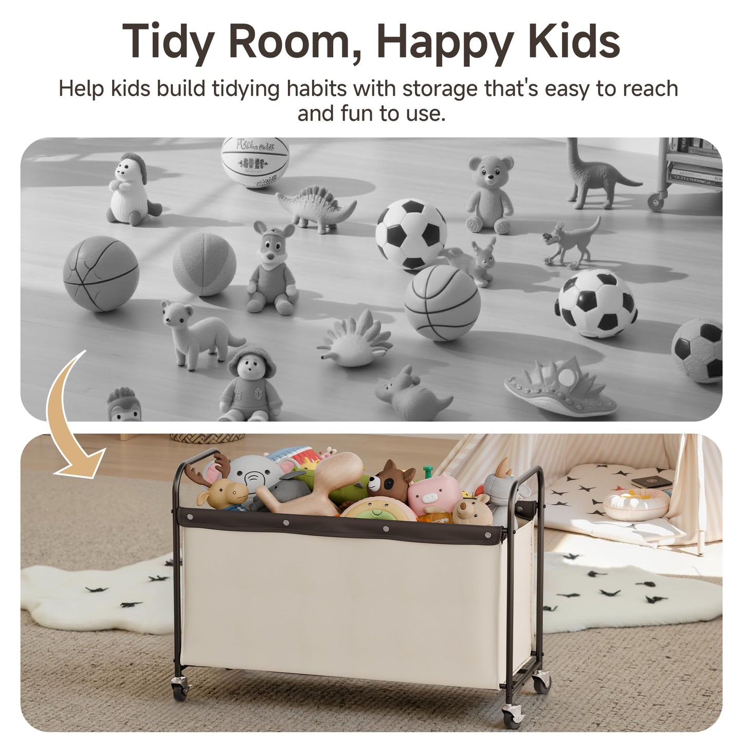 StorageWorks Toy Box with Wheels for Kids, 135L Large Toy Storage Chest and Organizer, 23" Metal Toybox with 360° Swivel Wheels for Bedroom, Kids Room, Stuffed Animal Storage, Beige