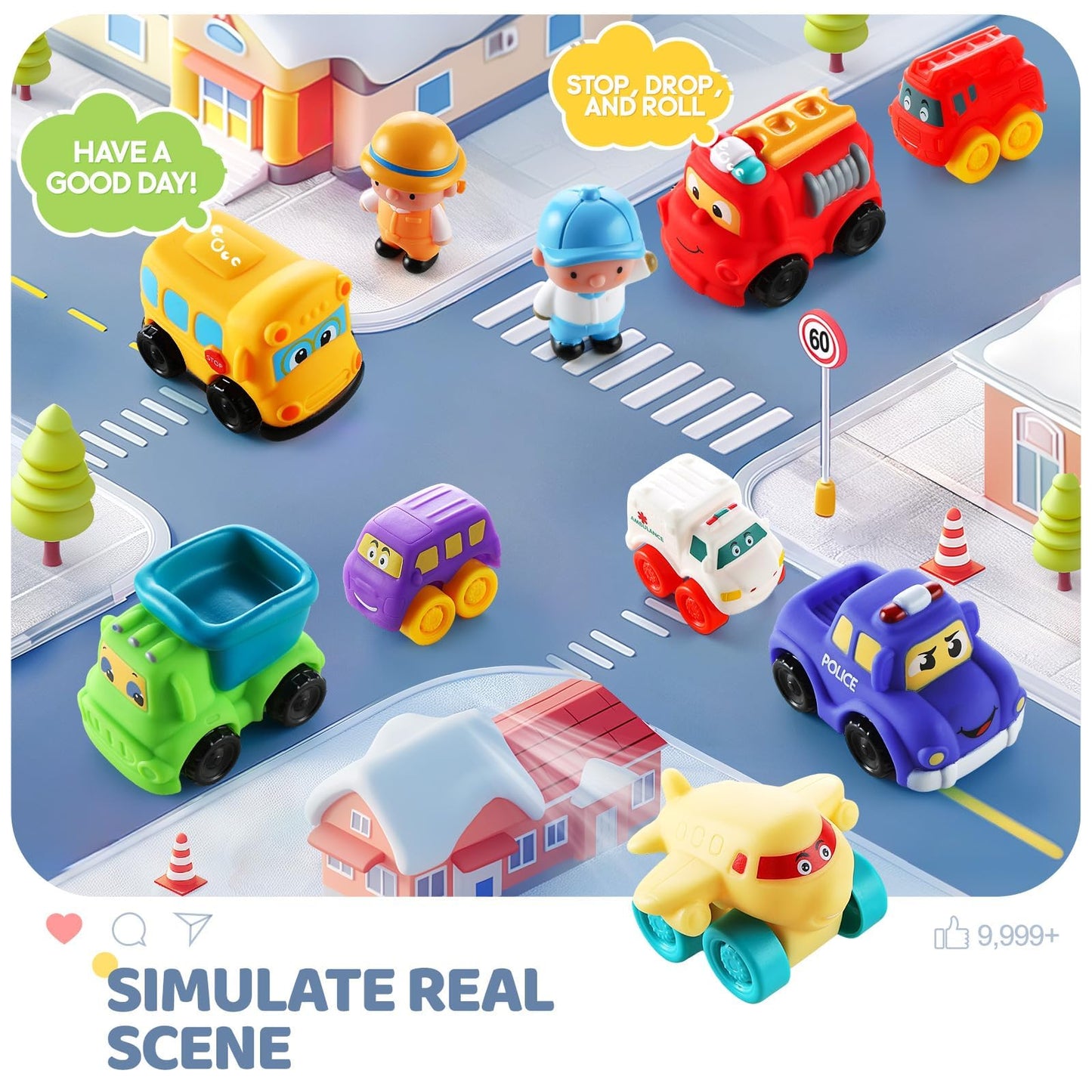 bessome Soft Rubber Toy Figure Car for 1 Year Old Boy with Playmat (Storage Bag)|12 PCS Cartoon Cars Baby Toys for 12-18 Months & Toddler Age 1-2|First Birthday|Gift for 1 2 3 Year Old Boy