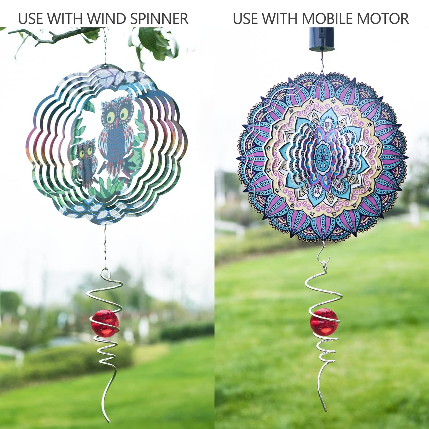 Gazing Ball Spiral Tail Wind Spinner Stabilizer, Garden Decorations Stainless Steel Metal with Hook & Red Crystal Glass Orb Outdoor Hanging Decor Kinetic Yard 3D Swivel Art Sun Catchers