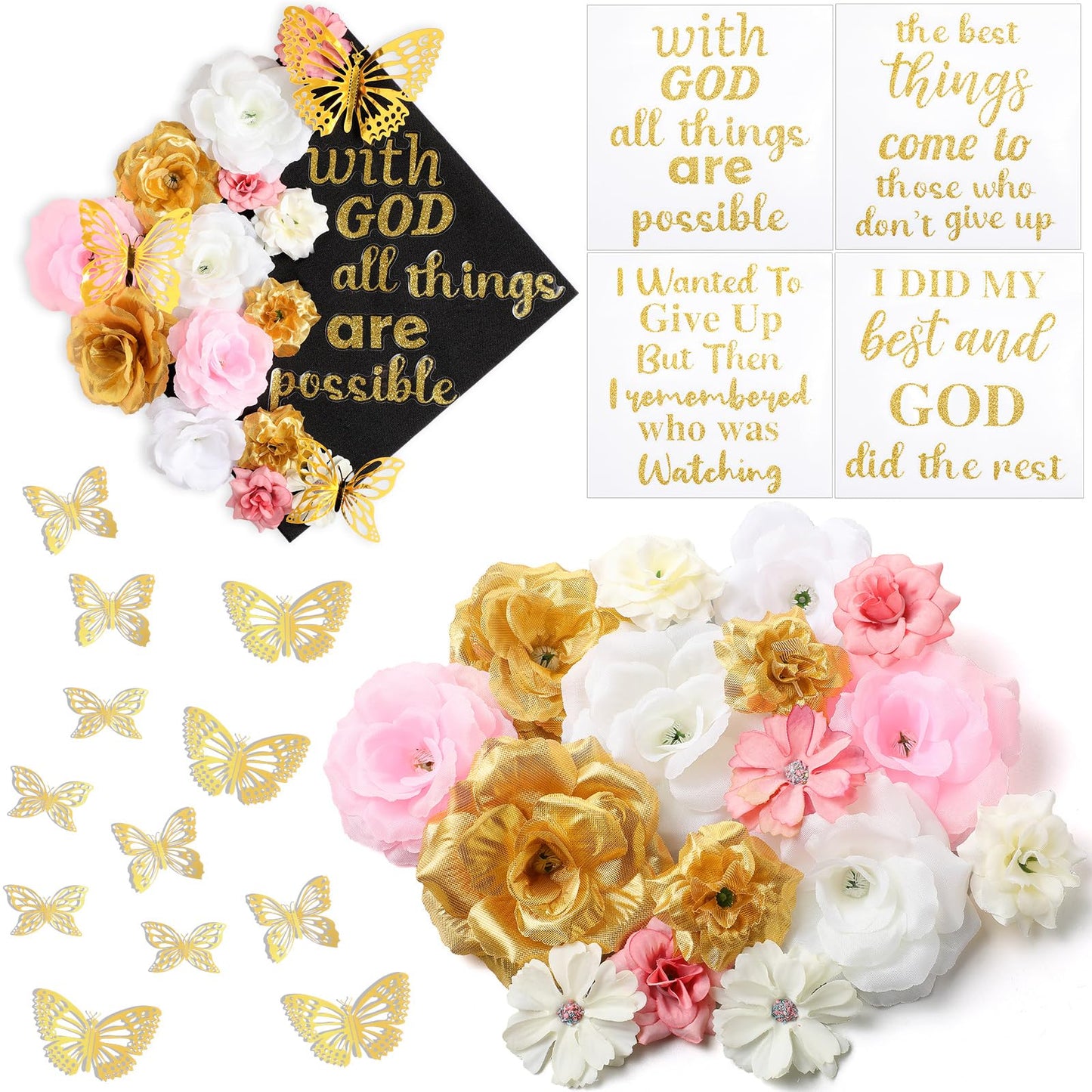 Knitgrip 31 Pcs DIY Graduation Cap Decorations Kit Faux Flower Heads 3D Butterfly Stickers Graduation Quotes Glitter Decals for Grad Hat Topper Graduations Party Supplies(Pink, White, Gold)