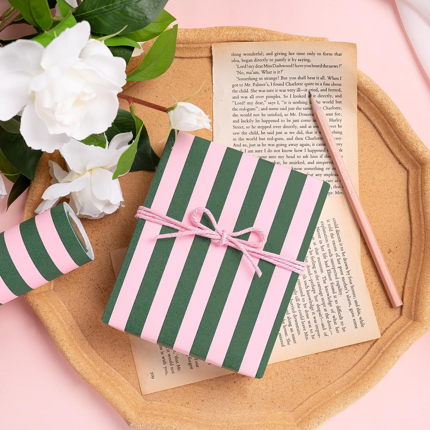 WRAPAHOLIC 30 Inch Kraft Wrapping Paper - 30 Inch x 33 Feet - Green and Pink Stripe Wrapping Paper for Christmas, Birthday, Wedding, Baby Shower