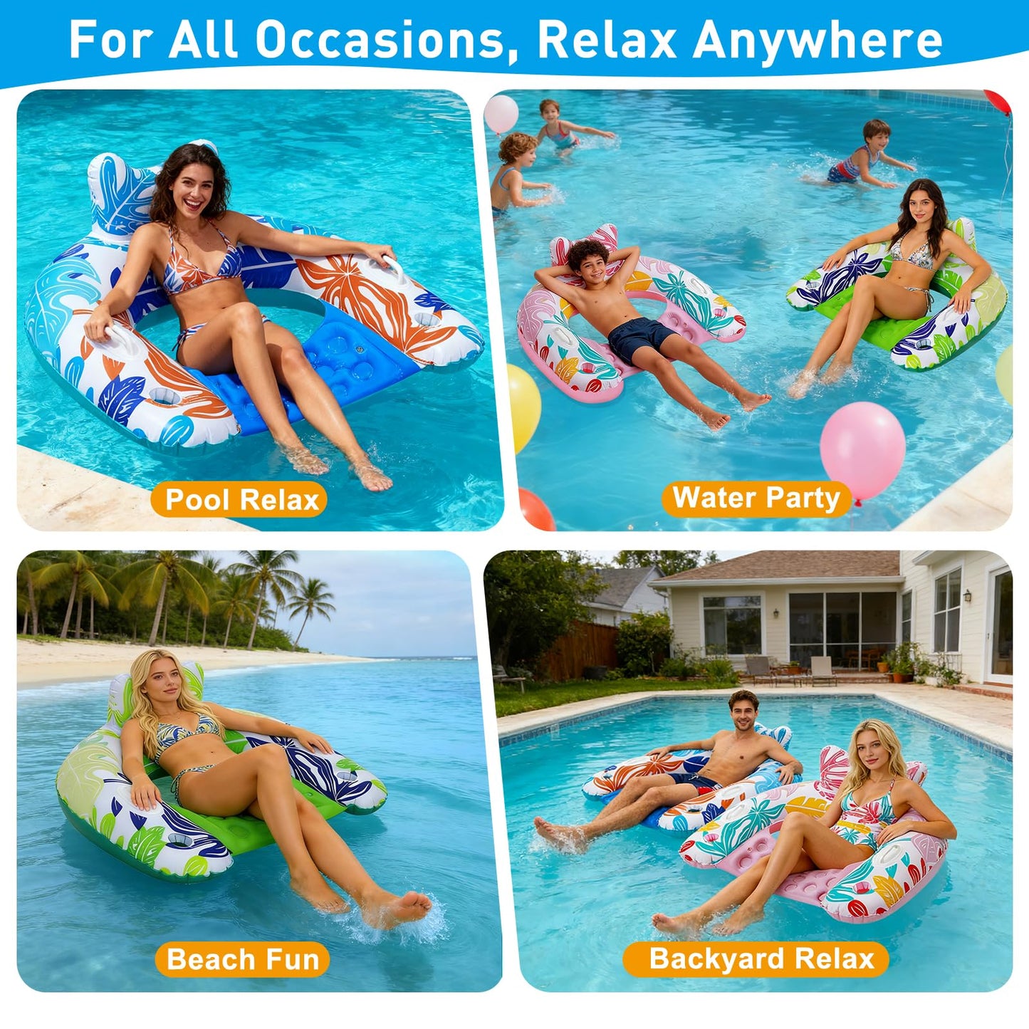 BSIEZC Pool Floats Adult, 3Pack Inflatable Pool Floats Chair, U-Shaped Pool Float Lounger with Comfortable Headrest, Cup Holders Sturdy Handles, Portable Pool Floaties for Adults Kids Beach Pool Lake