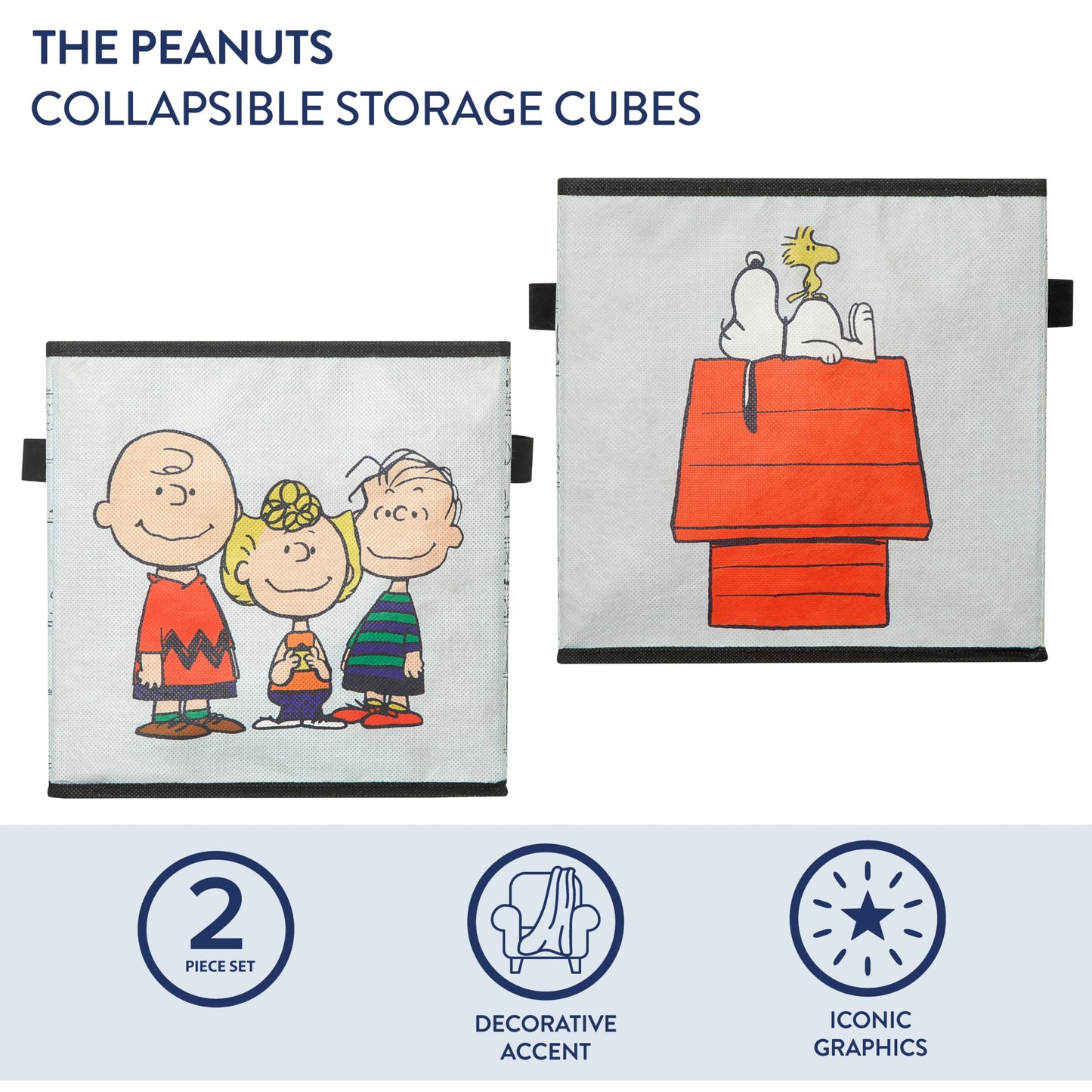 Idea Nuova Storage Cubes for Kids,2 Pack Collapsible Fabric Bins with Handles, Organizer Boxes with Handles for Bedroom, Playroom & Nursery,Peanuts