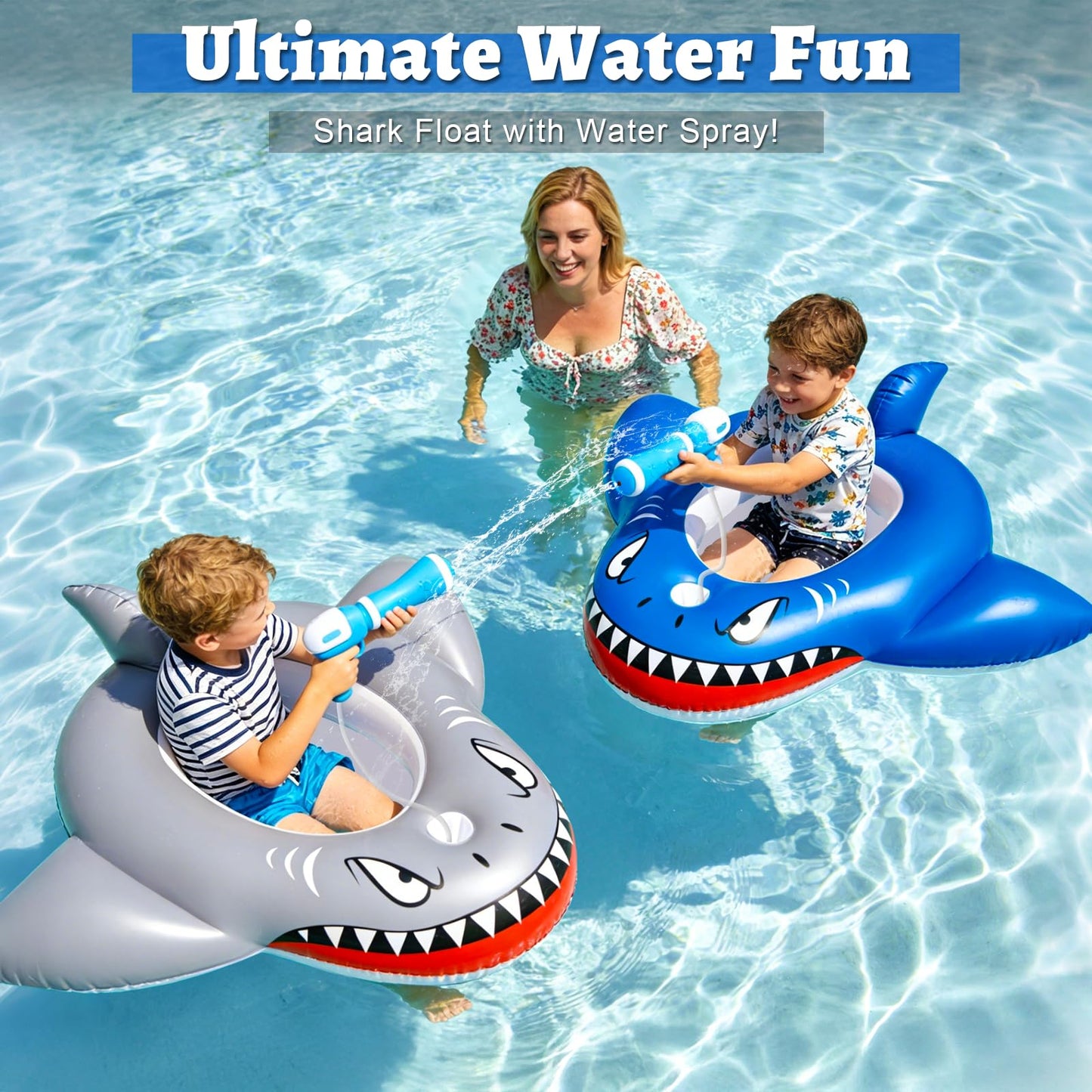 2 Pack Inflatable Shark Pool Floats Kids 3-11 Years, Kids Floaties Swimming Pool Toys with 2 Water Squirt Guns Boys Girls Party Float Ride-on Toddler Floatie with Safety Seat Summer Outdoor Water Game