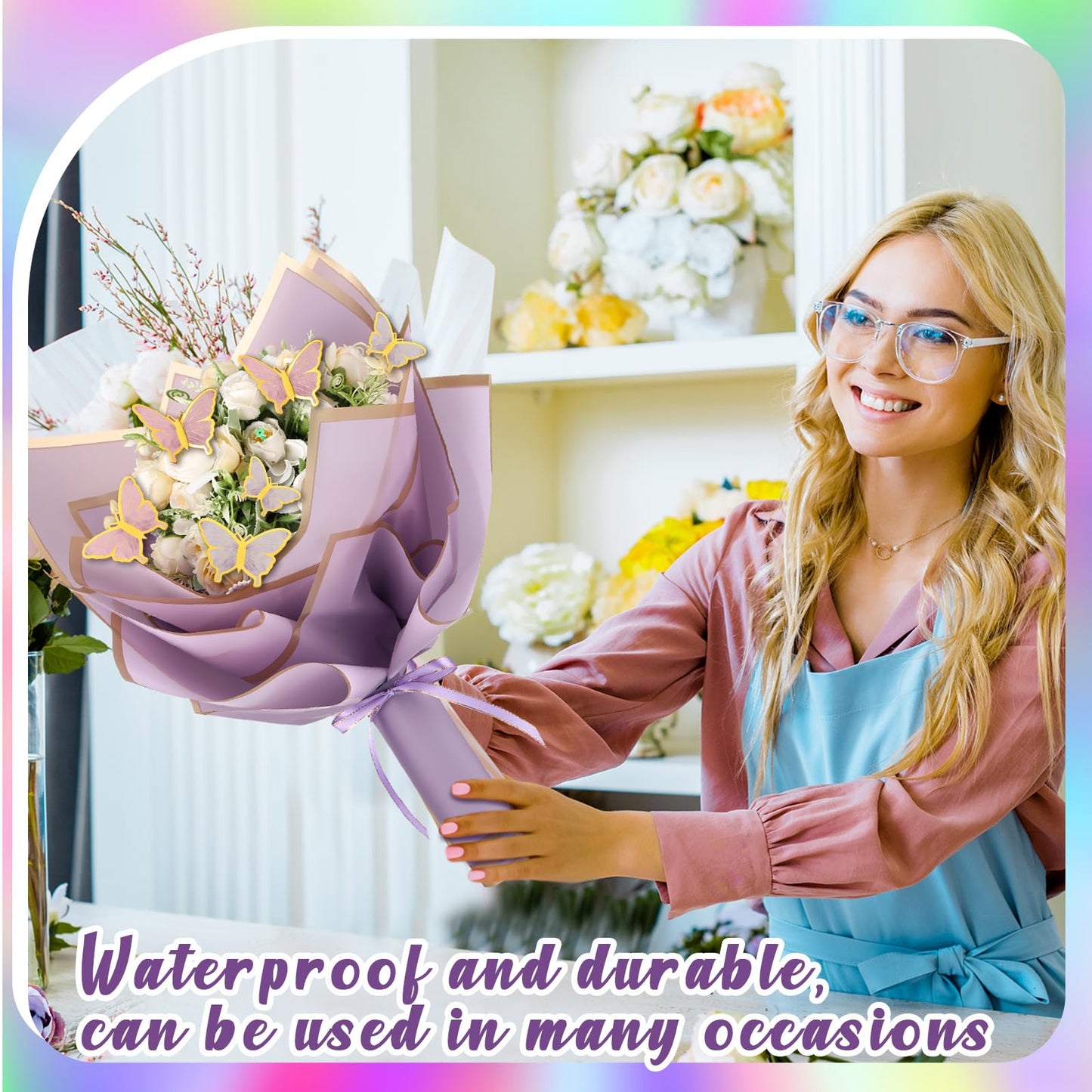 Trandraft 368 Pcs Wedding Birthday Anniversary Flower Bouquet Wrapping Paper Kit Flower Bouquet Accessories Flowers Supplies, 3D Butterfly Pin Ribbon Bow for Florist DIY Craft(Fresh,Lovely Color)