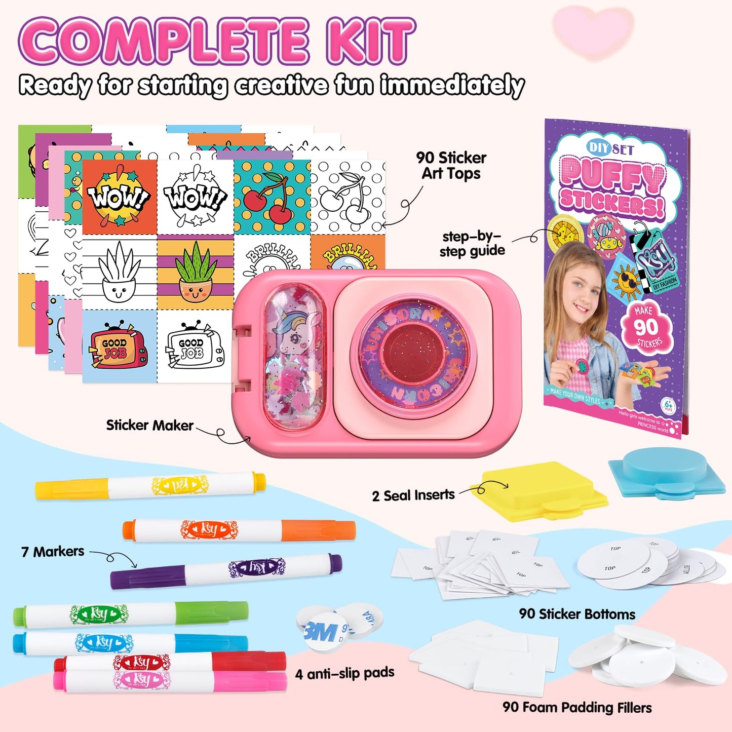 Hewaurorion Puffy Sticker Maker for Kids — Make Your Own 3D Stickers, 90-Piece DIY Craft Kit with Unicorn Machine, Arts and Crafts for Girls Boys Ages 6-10, Screen-Free Birthday Gift