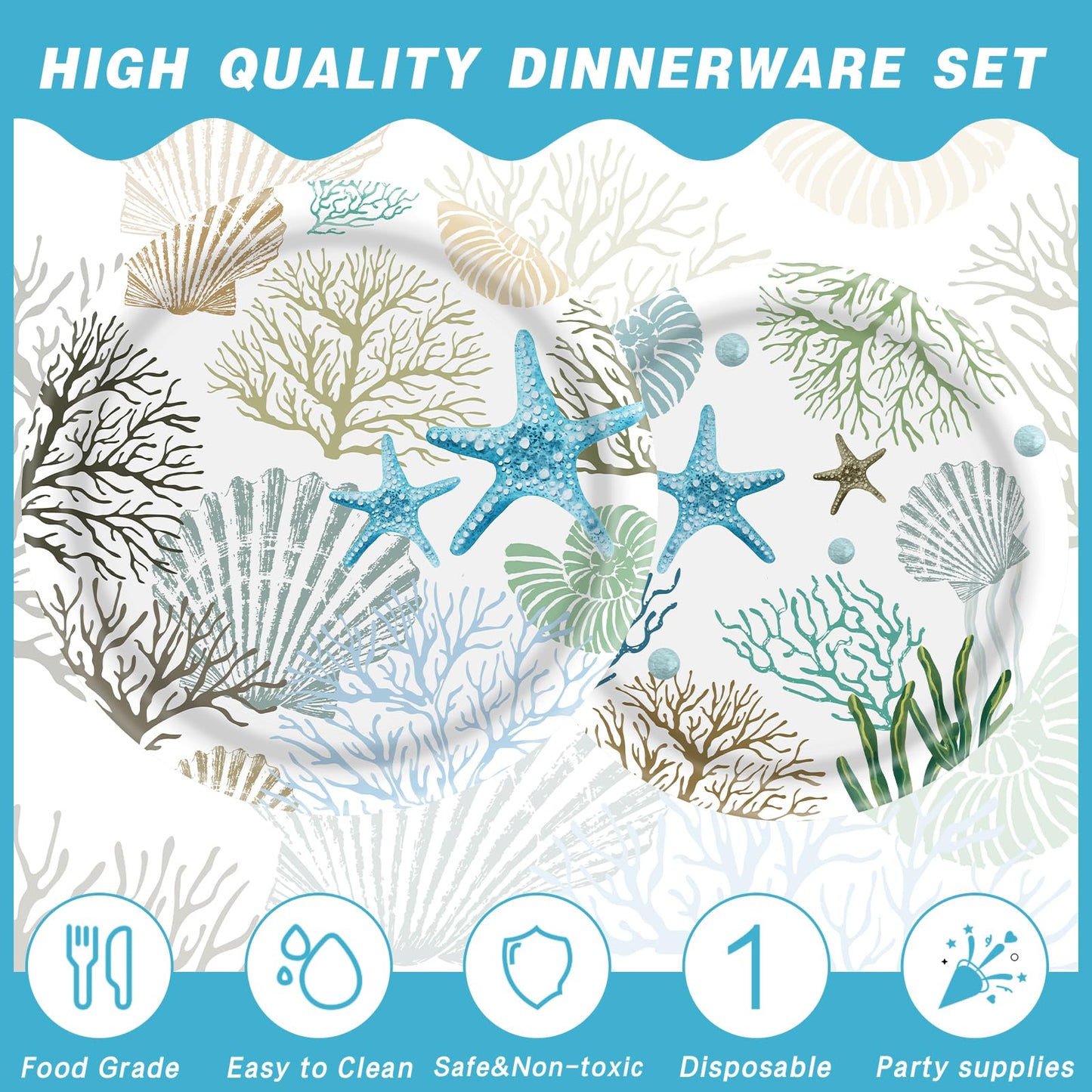 140Pcs Ocean Seashell Coastal Beach Starfish Coral Party Plates Supplies Tableware Decorations Disposable Paper Plates Napkins Forks for Birthday Summer Baby Shower, Serves 20